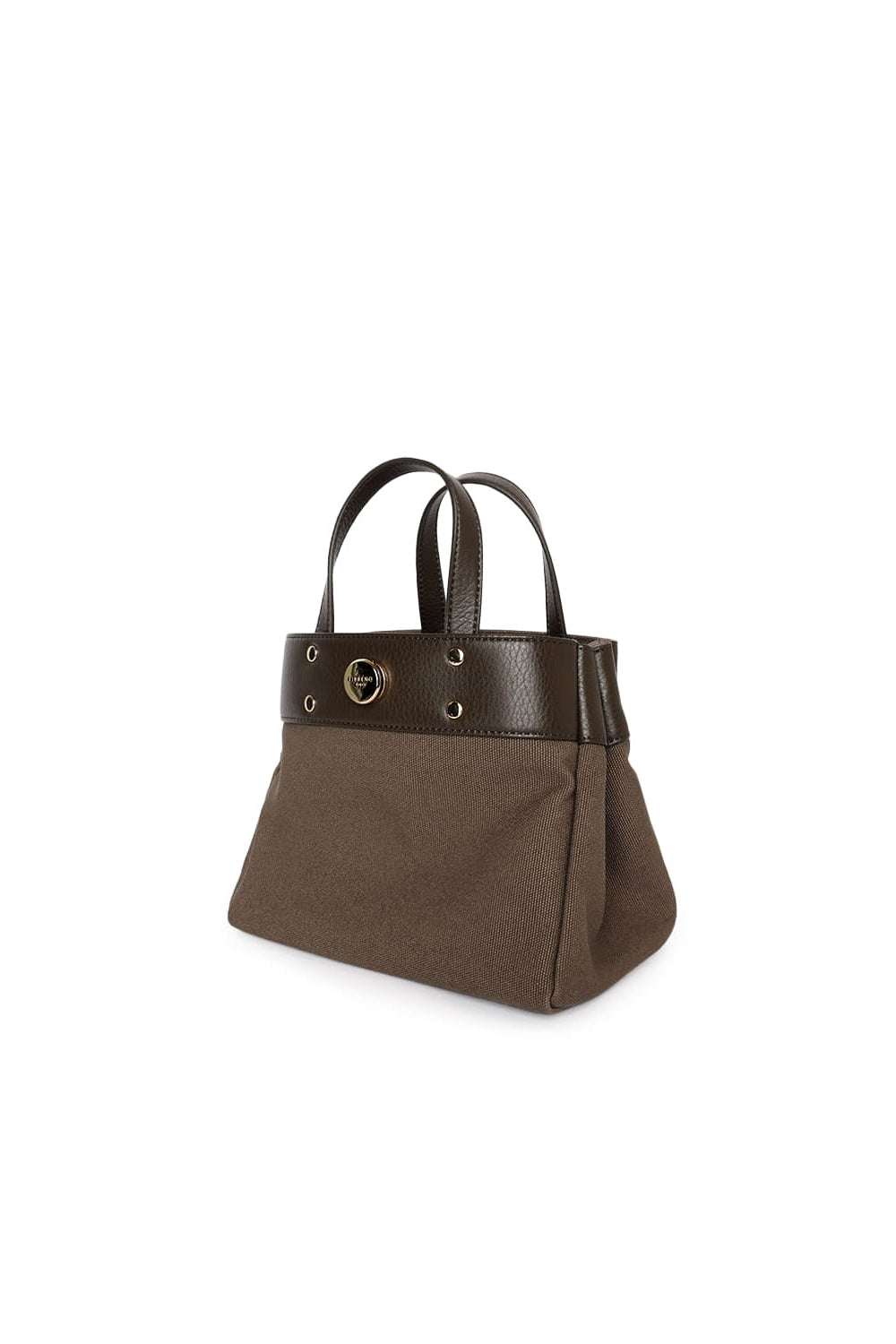 Brown two-tone small tote bag with contrasting trim and gold-tone hardware.