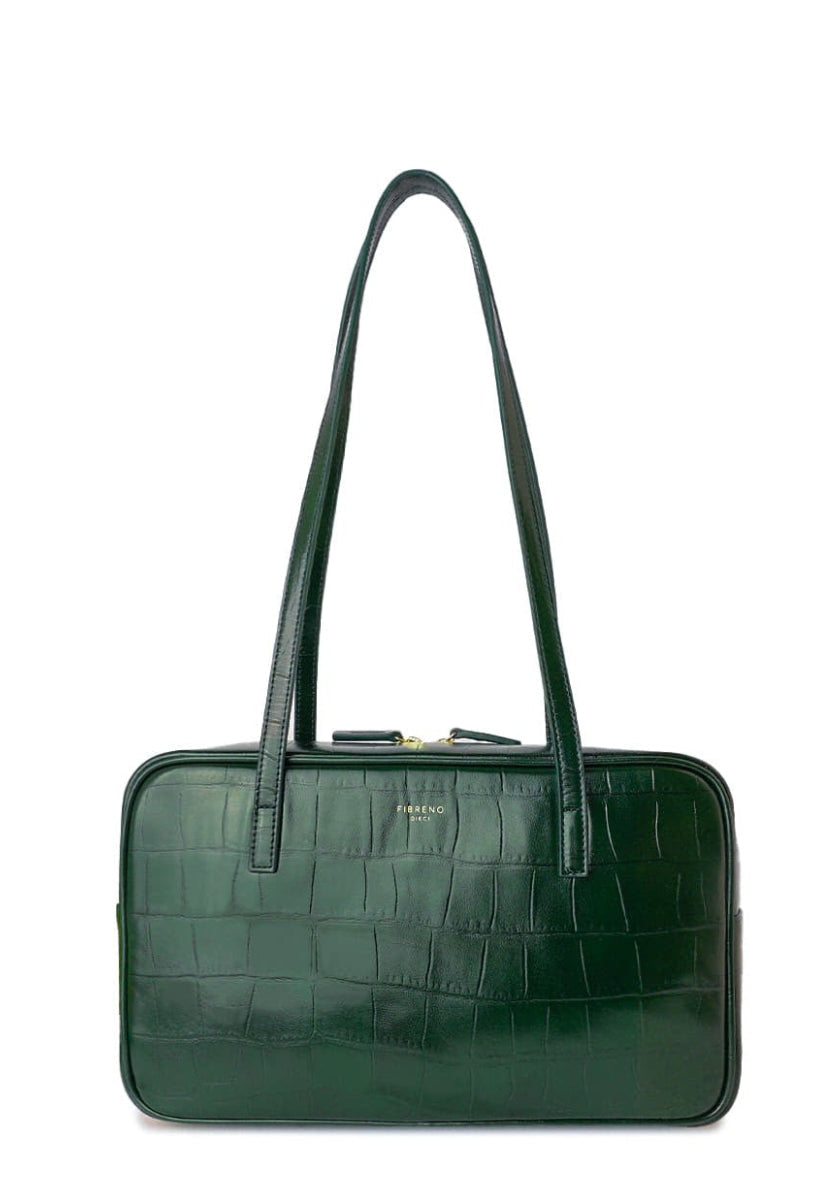 Baguette shoulder bag made from genuine cowhide leather with an embossed crocodile pattern, featuring a rectangular silhouette and a long shoulder handle.