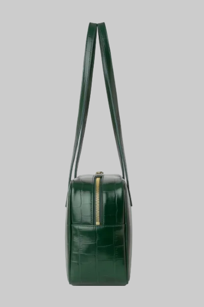 Baguette shoulder bag made from genuine cowhide leather with an embossed crocodile pattern, featuring a rectangular silhouette and a long shoulder handle.