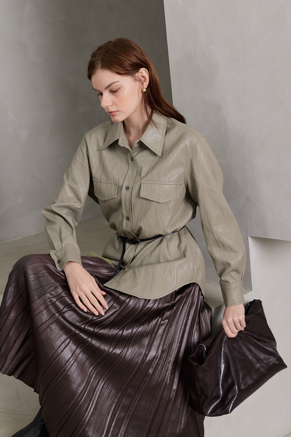 Faux Leather Button-Up Shirt