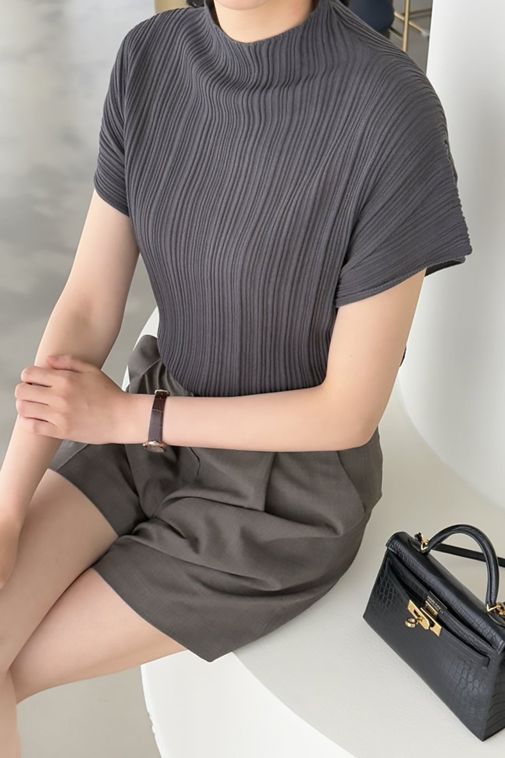Pleated Mockneck Knit Top
