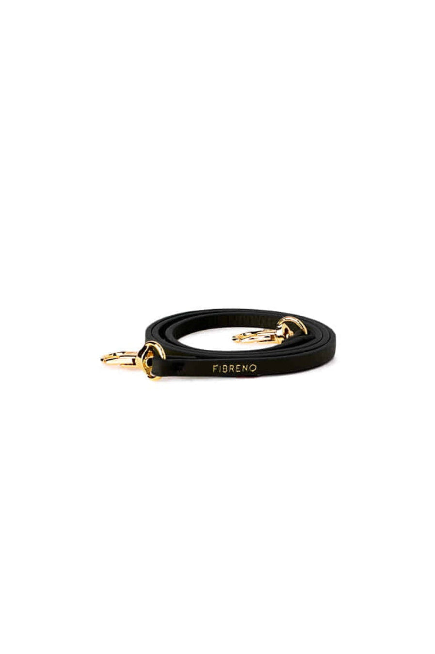 Black synthetic leather Fettuccine Strap with gold-tone hardware, a key ring, and a lobster clasp on a white background.