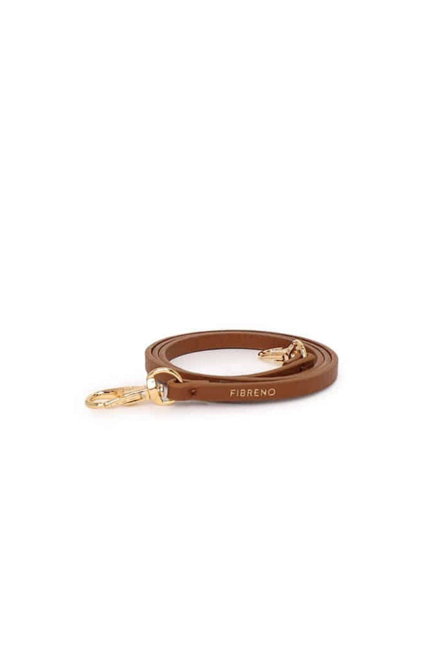 Caramel synthetic leather Fettuccine Strap with gold-tone hardware, a key ring, and a lobster clasp on a white background.