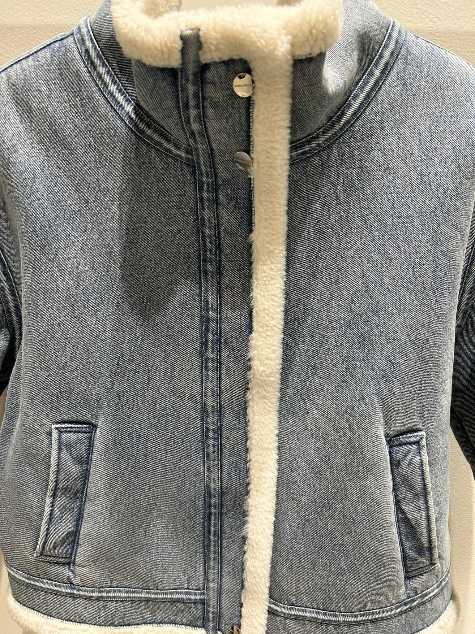 Faux Shearling Trim Denim Coat
