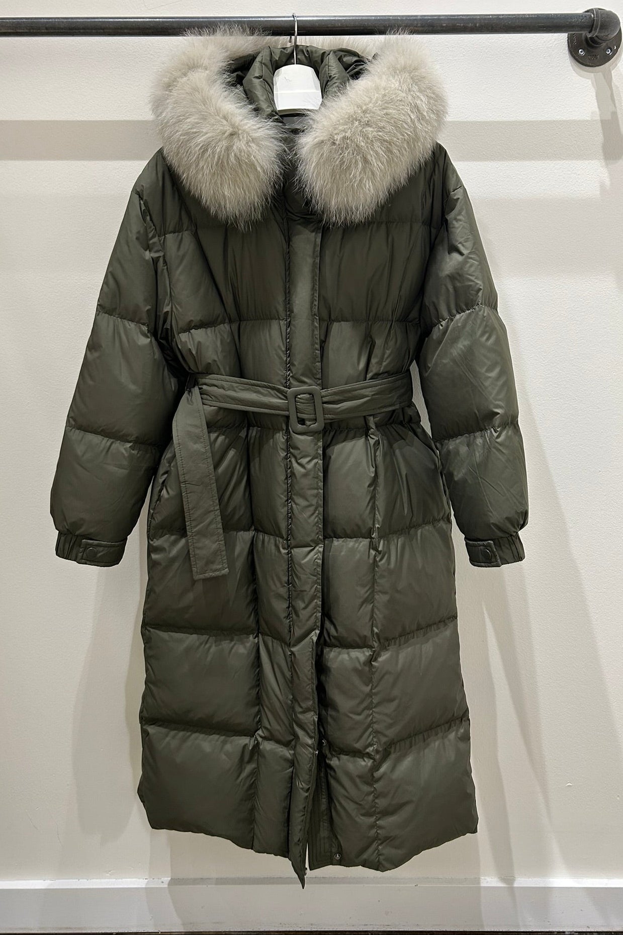 Belted Fox Fur Long Puffer Jacket