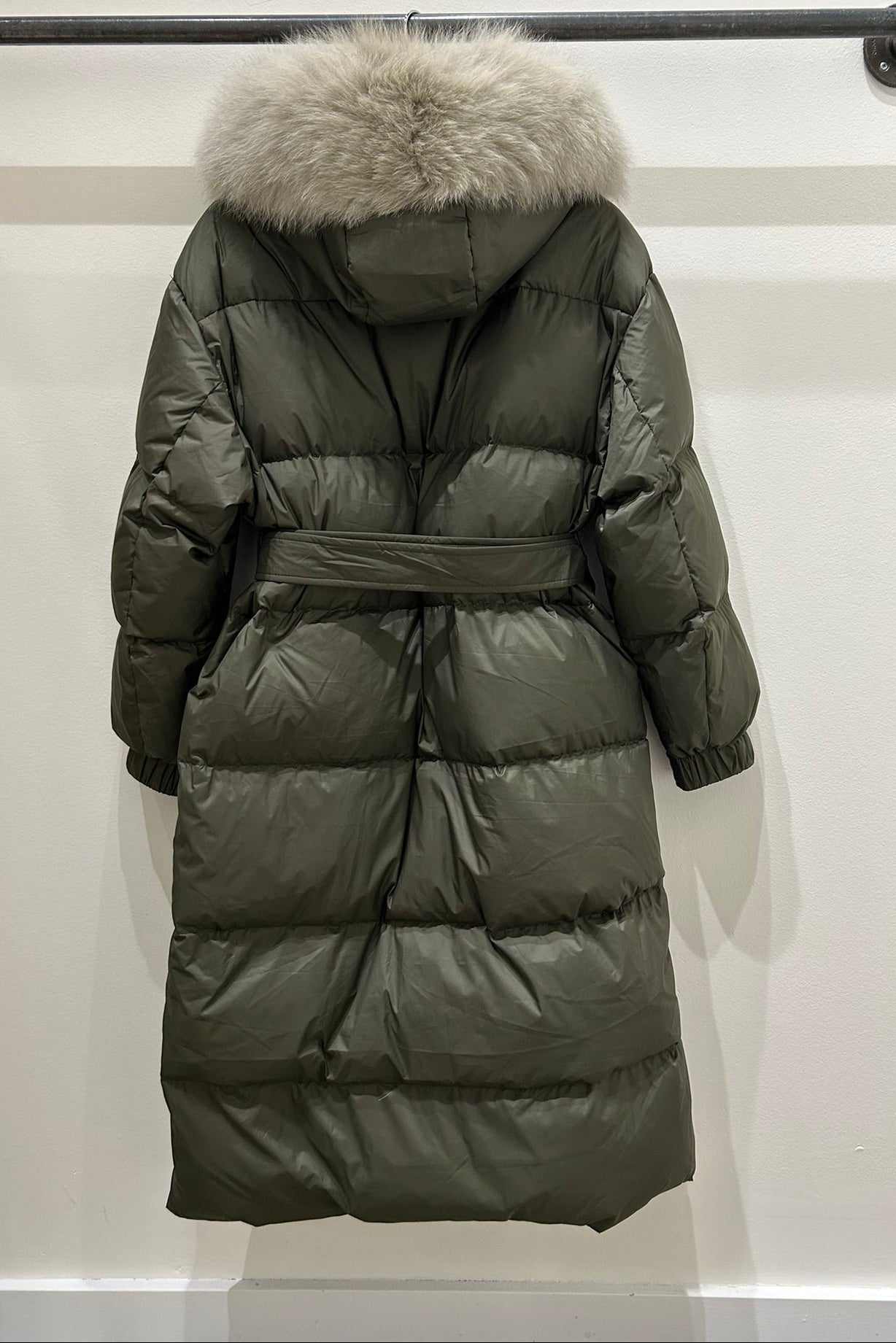 Belted Fox Fur Long Puffer Jacket