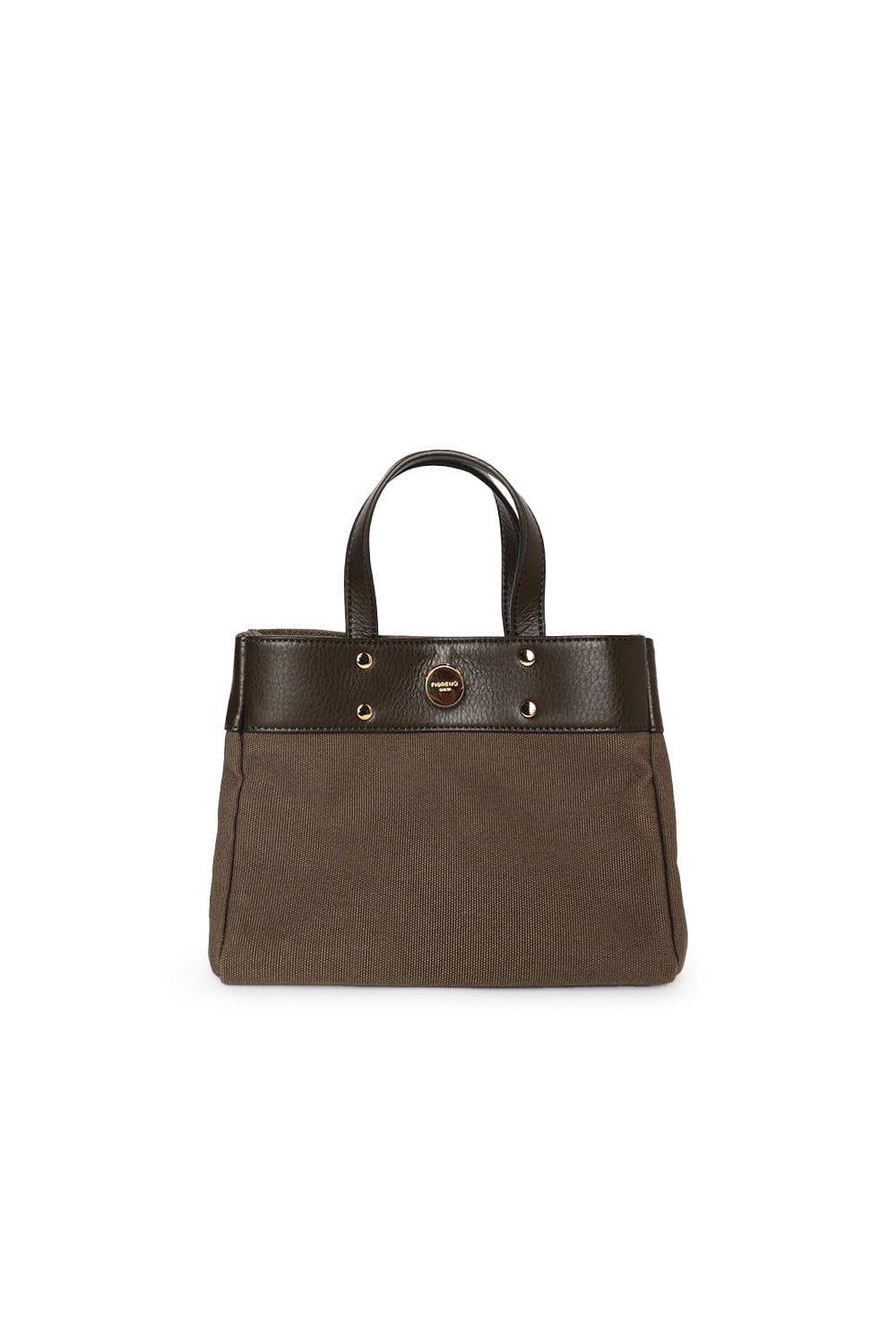 Brown two-tone small tote bag with contrasting trim and gold-tone hardware.