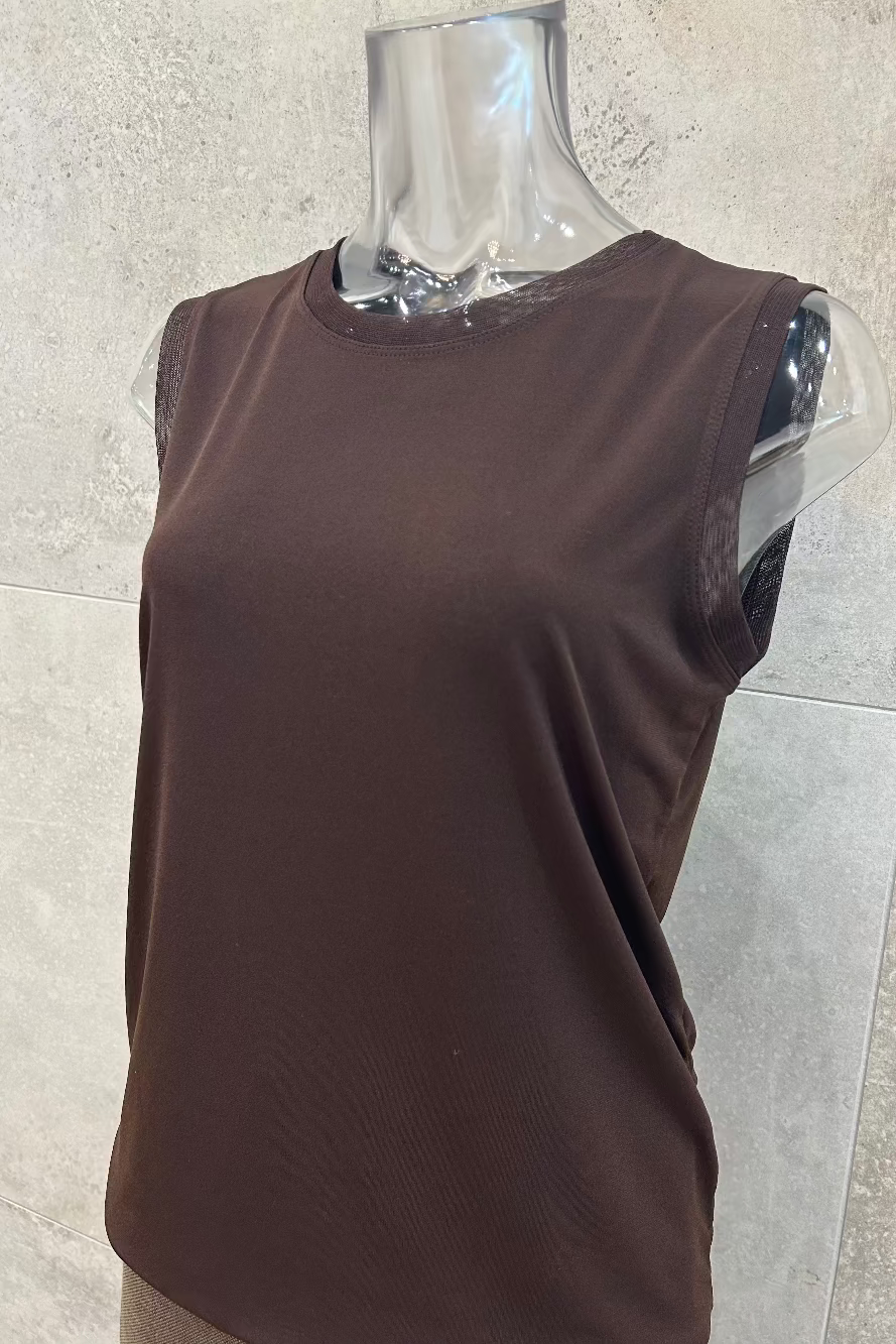 Mesh Trim Sleeveless T-Shirt