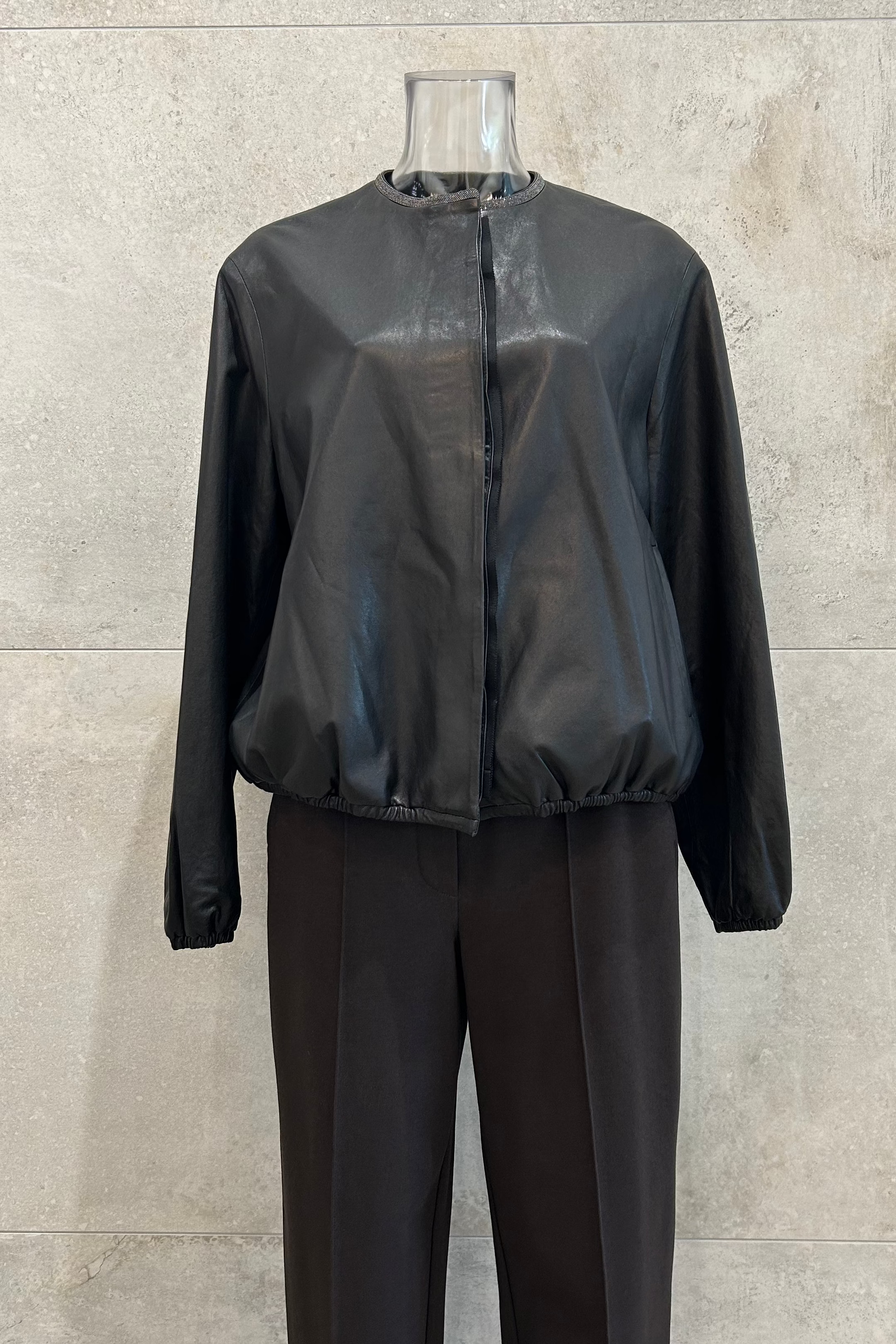 Sequin Crewneck Leather Jacket
