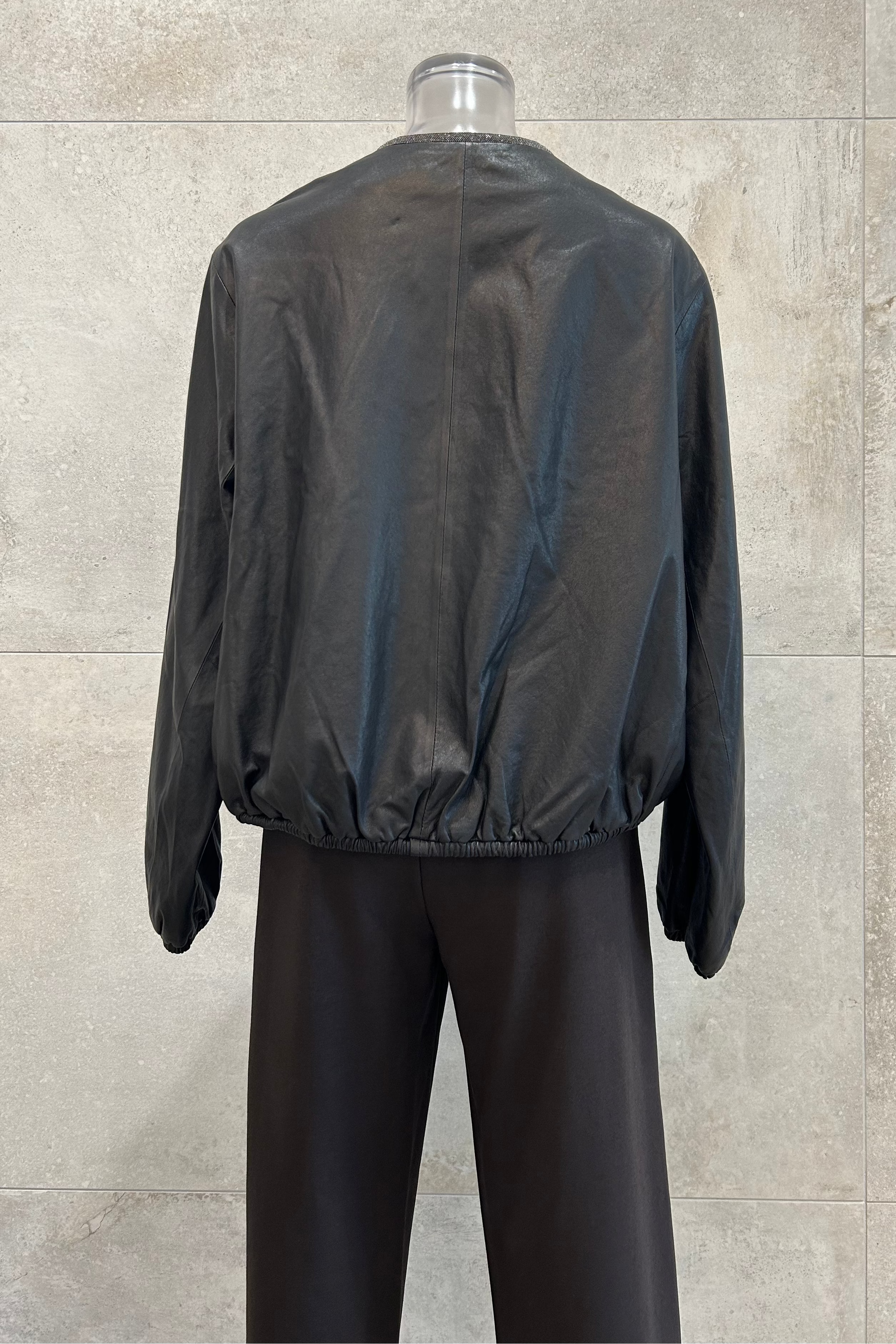 Sequin Crewneck Leather Jacket