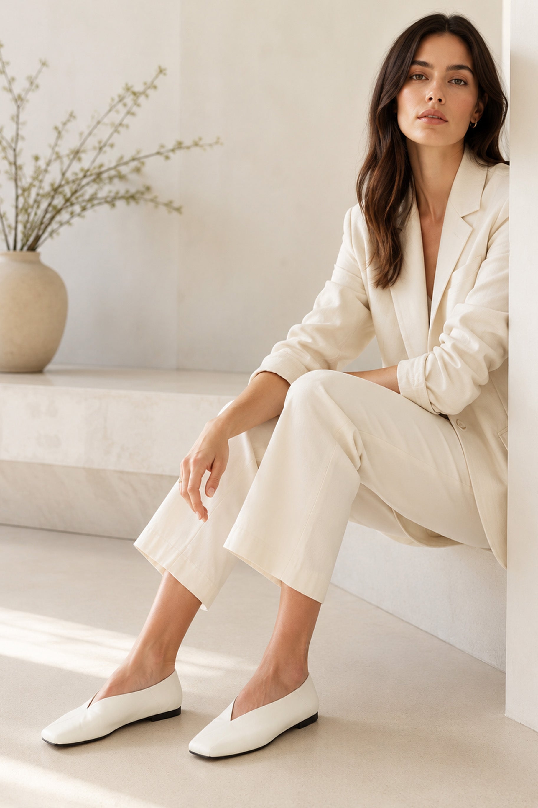 Ivory square-toe flat shoes with a deep V-cut design, styled with a cream suit in a minimalist editorial fashion look