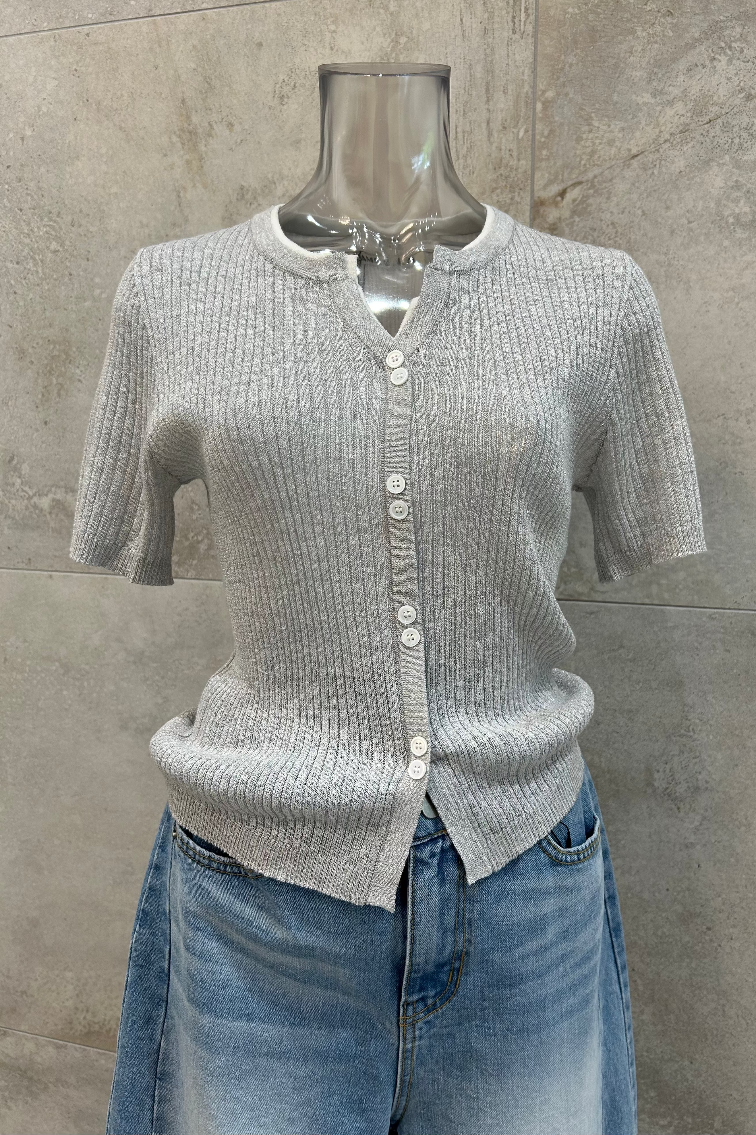 Metallic Rib Button Knit Top
