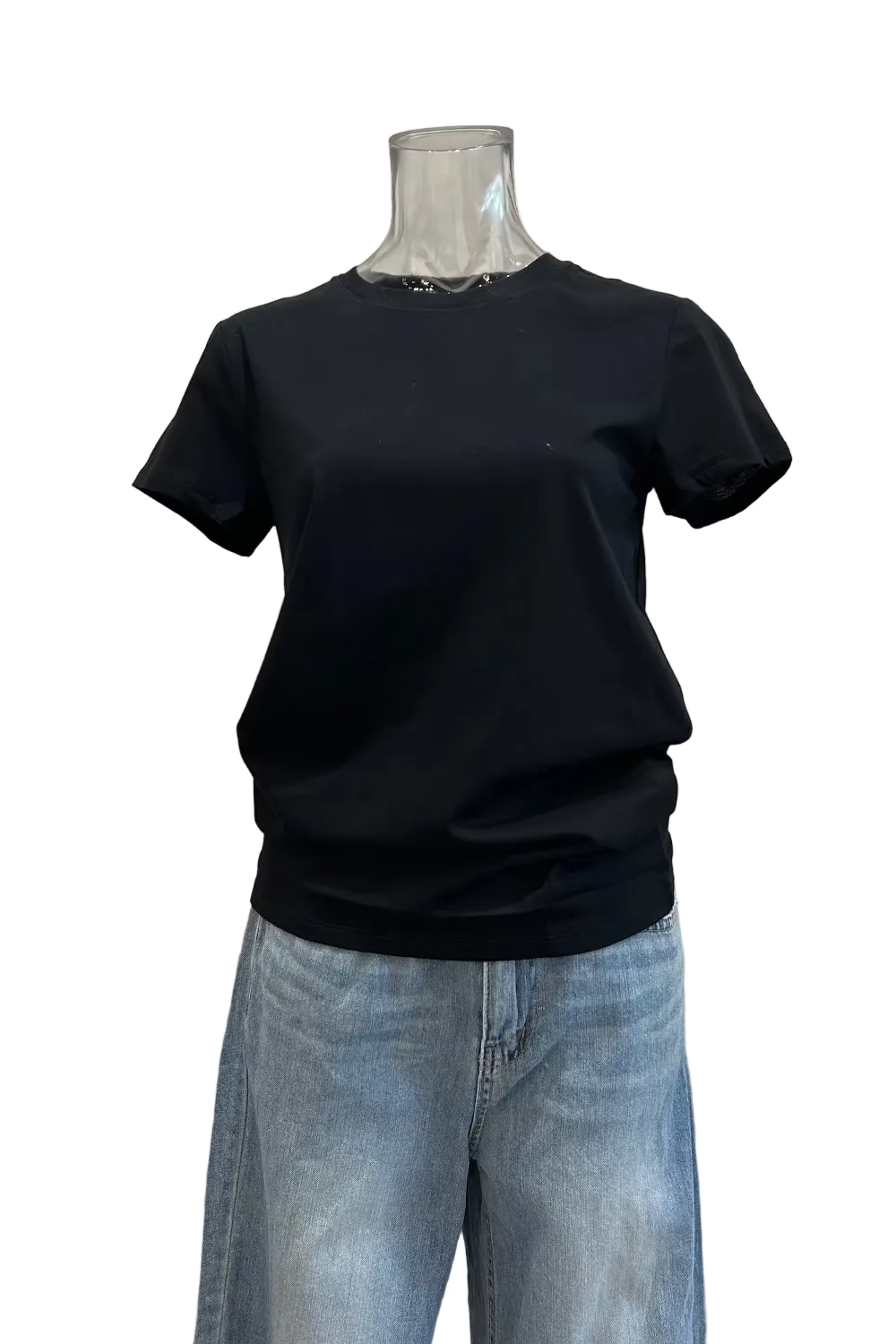 Black thin jersey short-sleeve crewneck T-shirt displayed on a mannequin, paired with light-wash jeans.