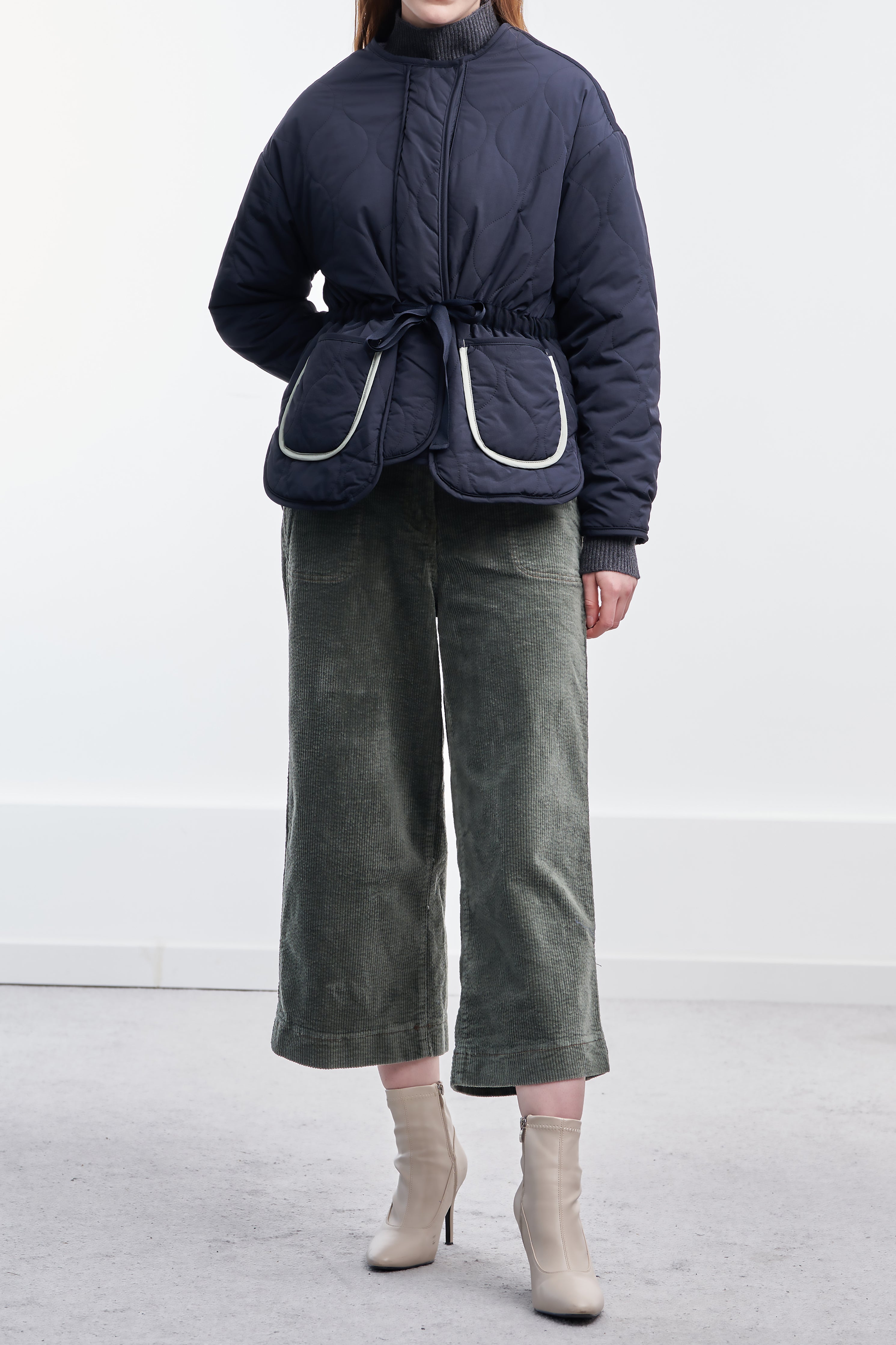 Front Pocket Cinched Waist Quilted Bomber Jacket