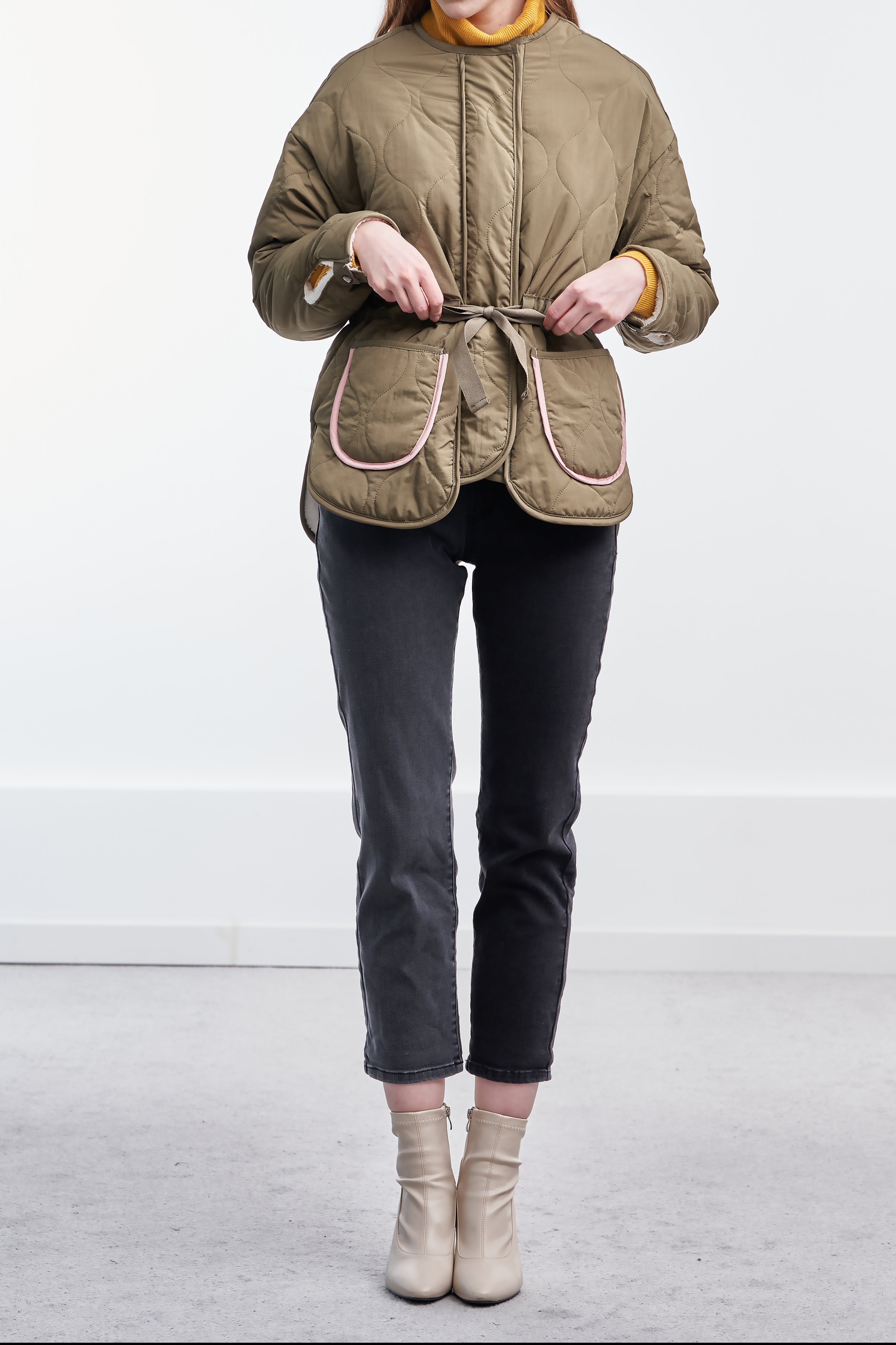 Front Pocket Cinched Waist Quilted Bomber Jacket