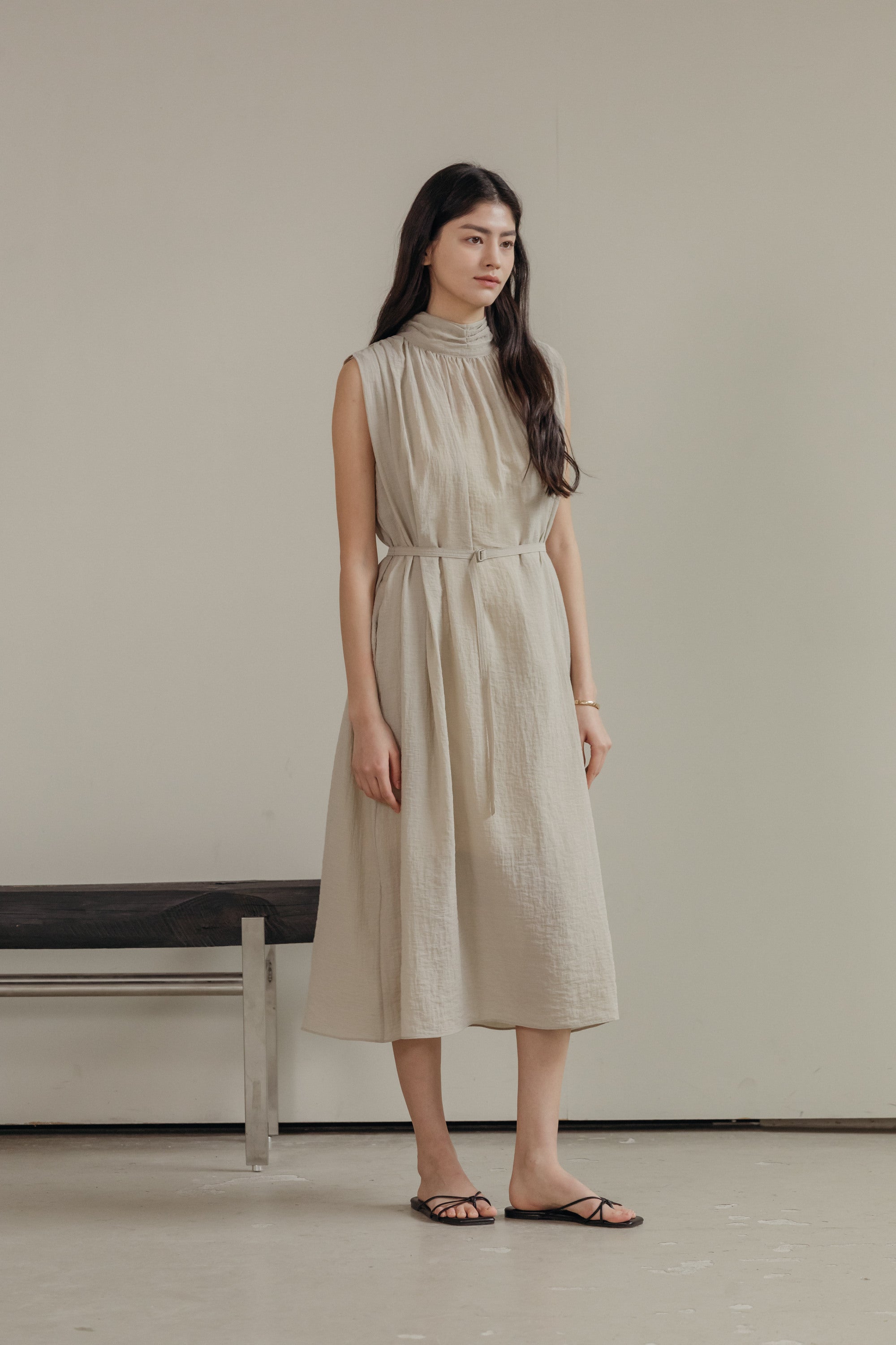 Mockneck Shirring Midi Dress