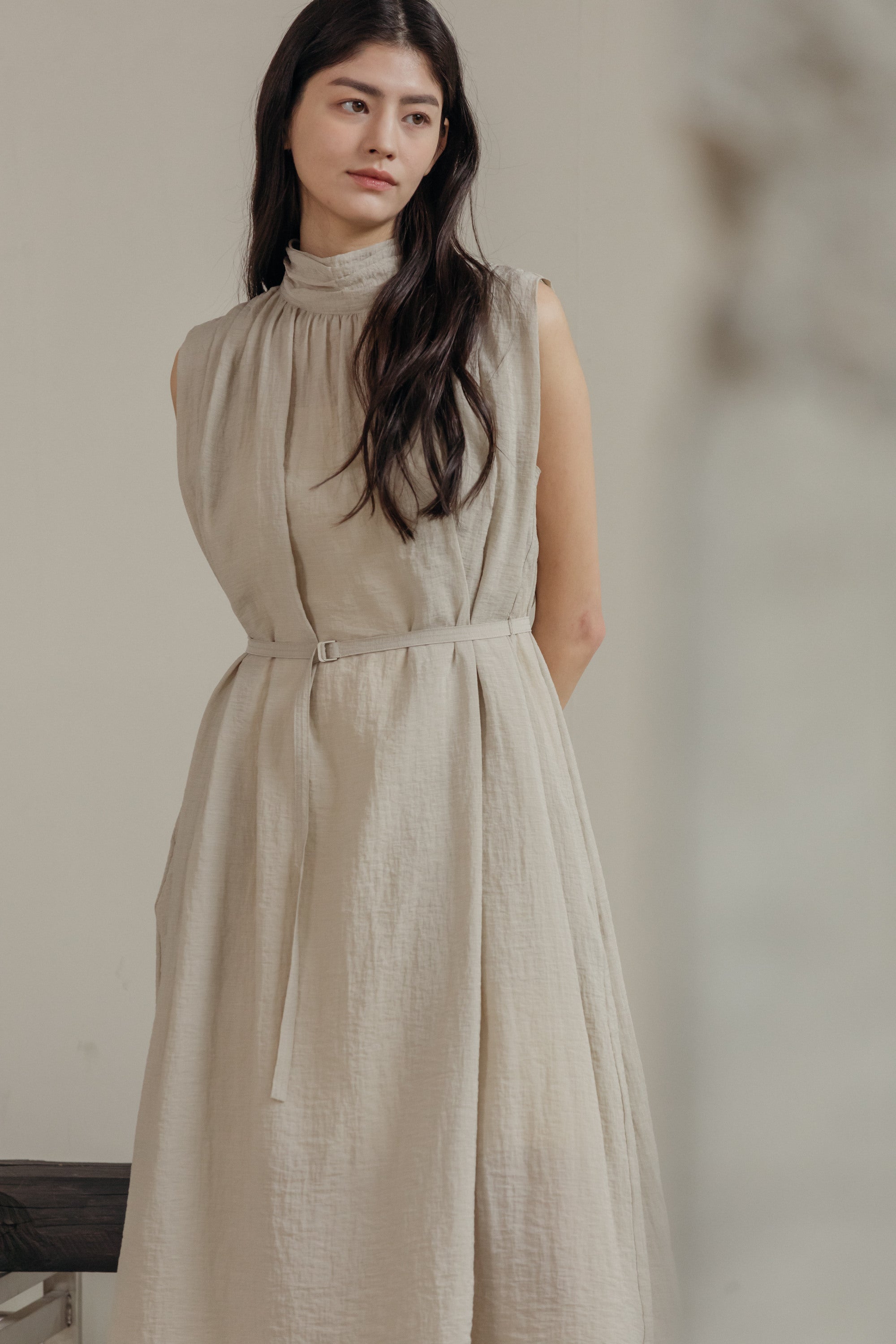 Mockneck Shirring Midi Dress