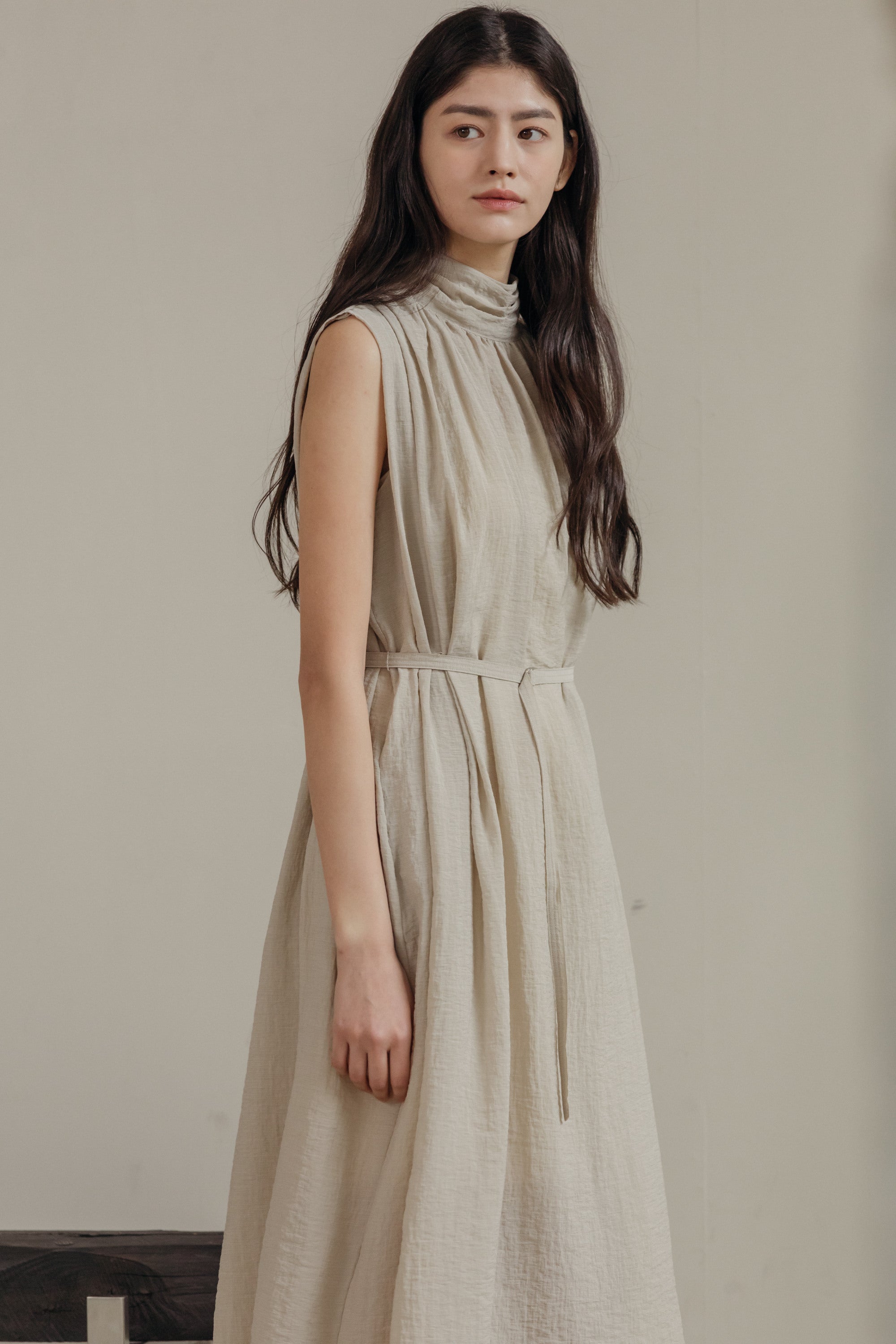 Mockneck Shirring Midi Dress
