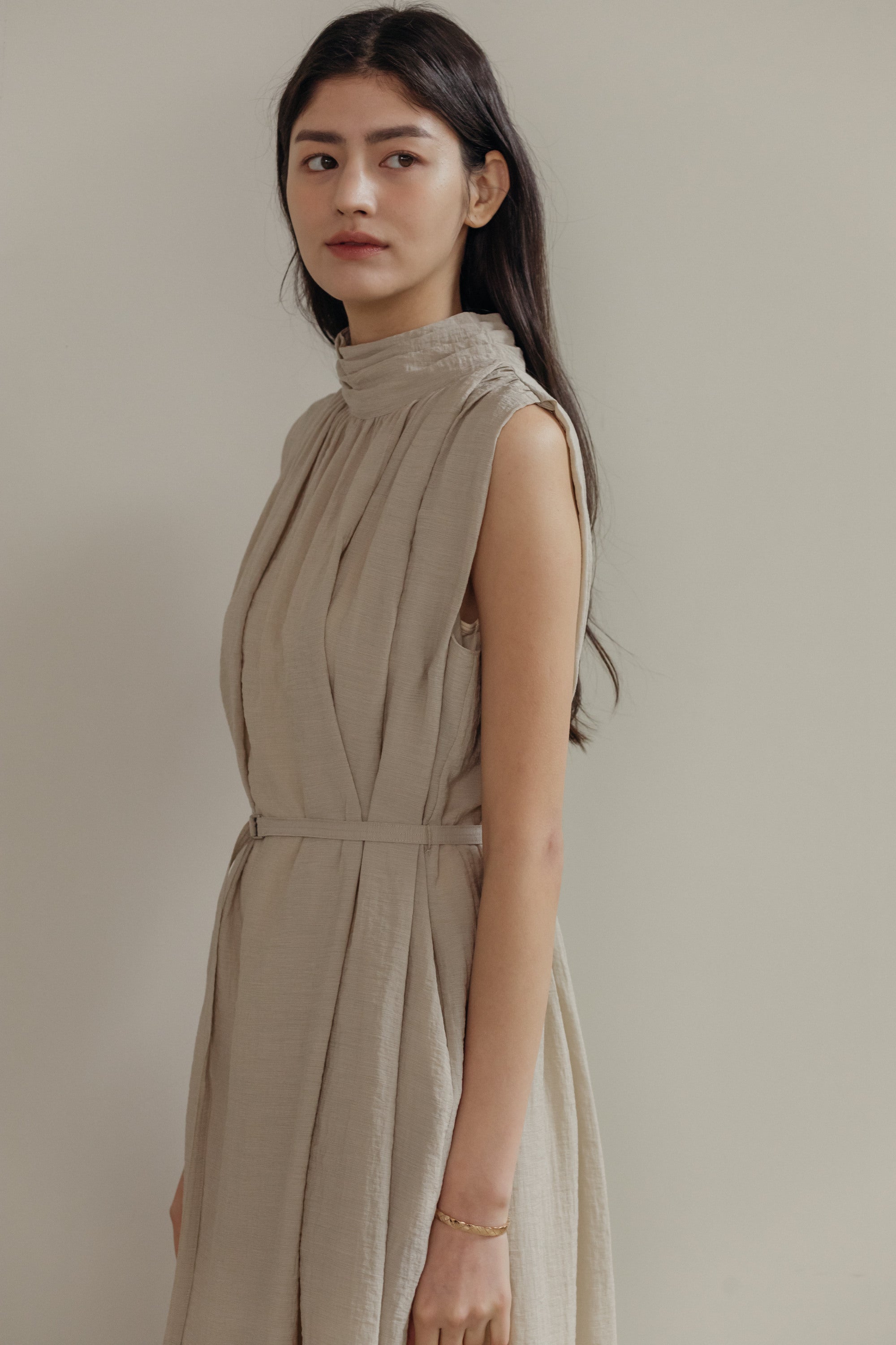 Mockneck Shirring Midi Dress