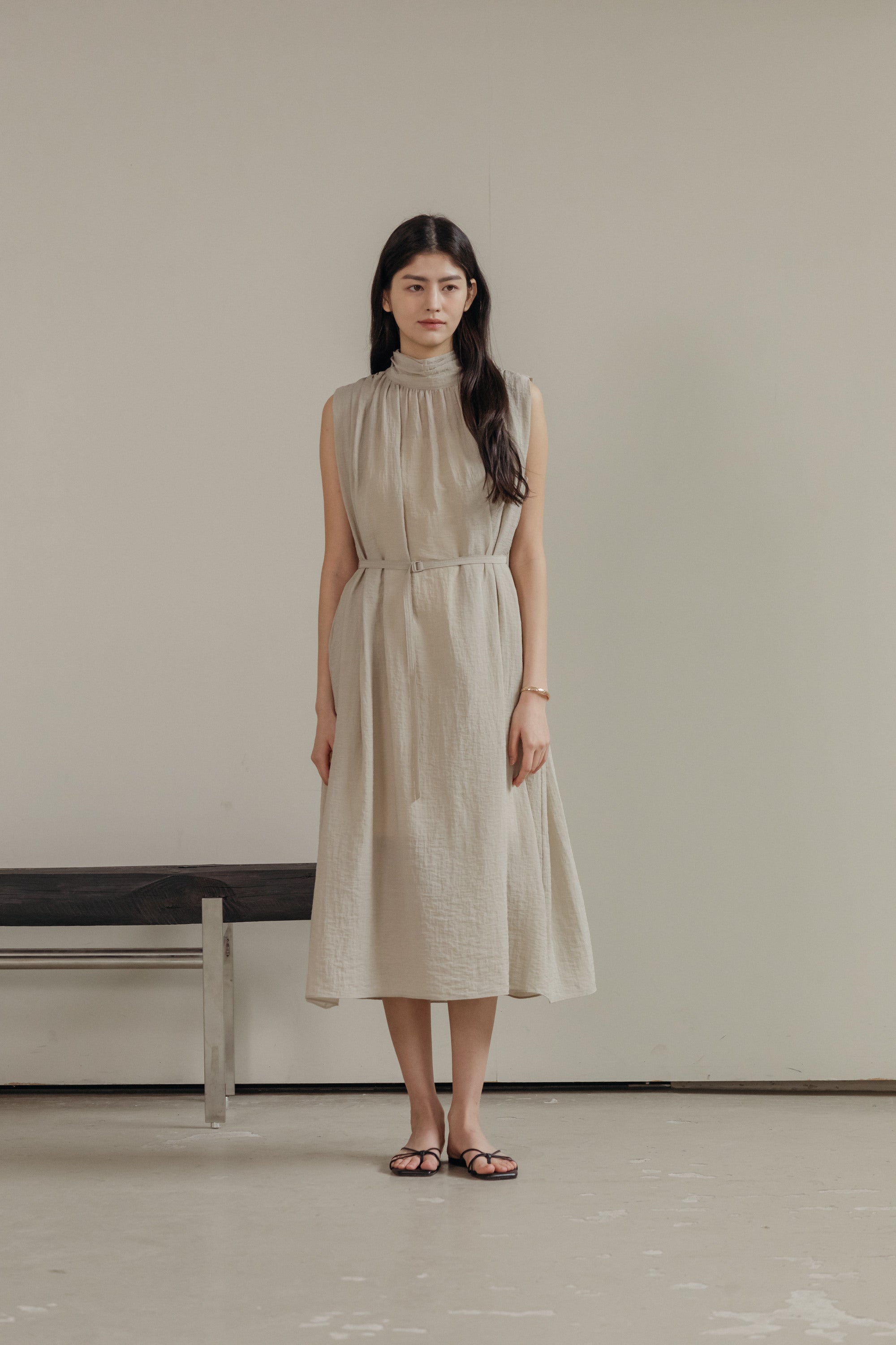 Mockneck Shirring Midi Dress