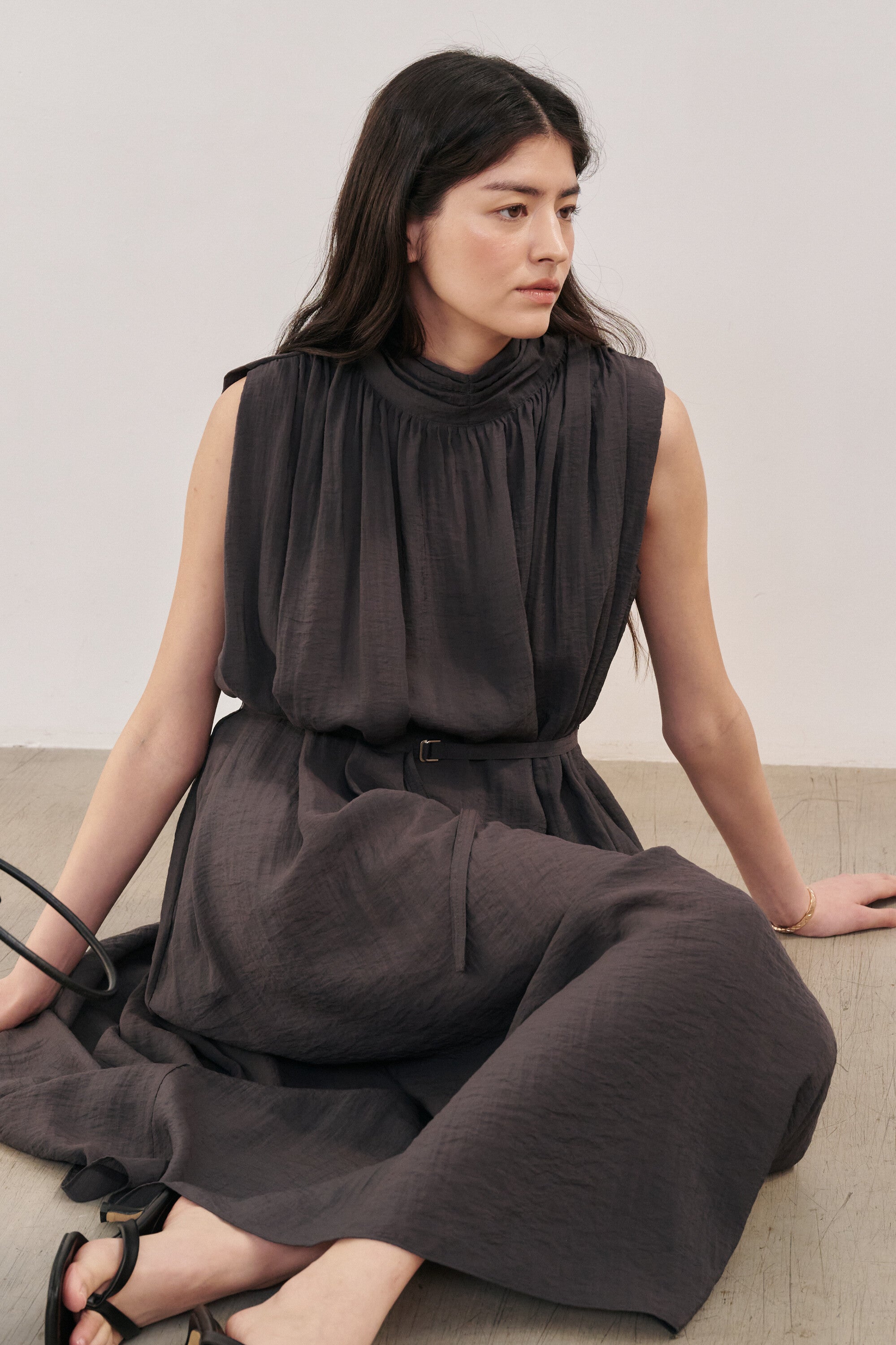 Mockneck Shirring Midi Dress