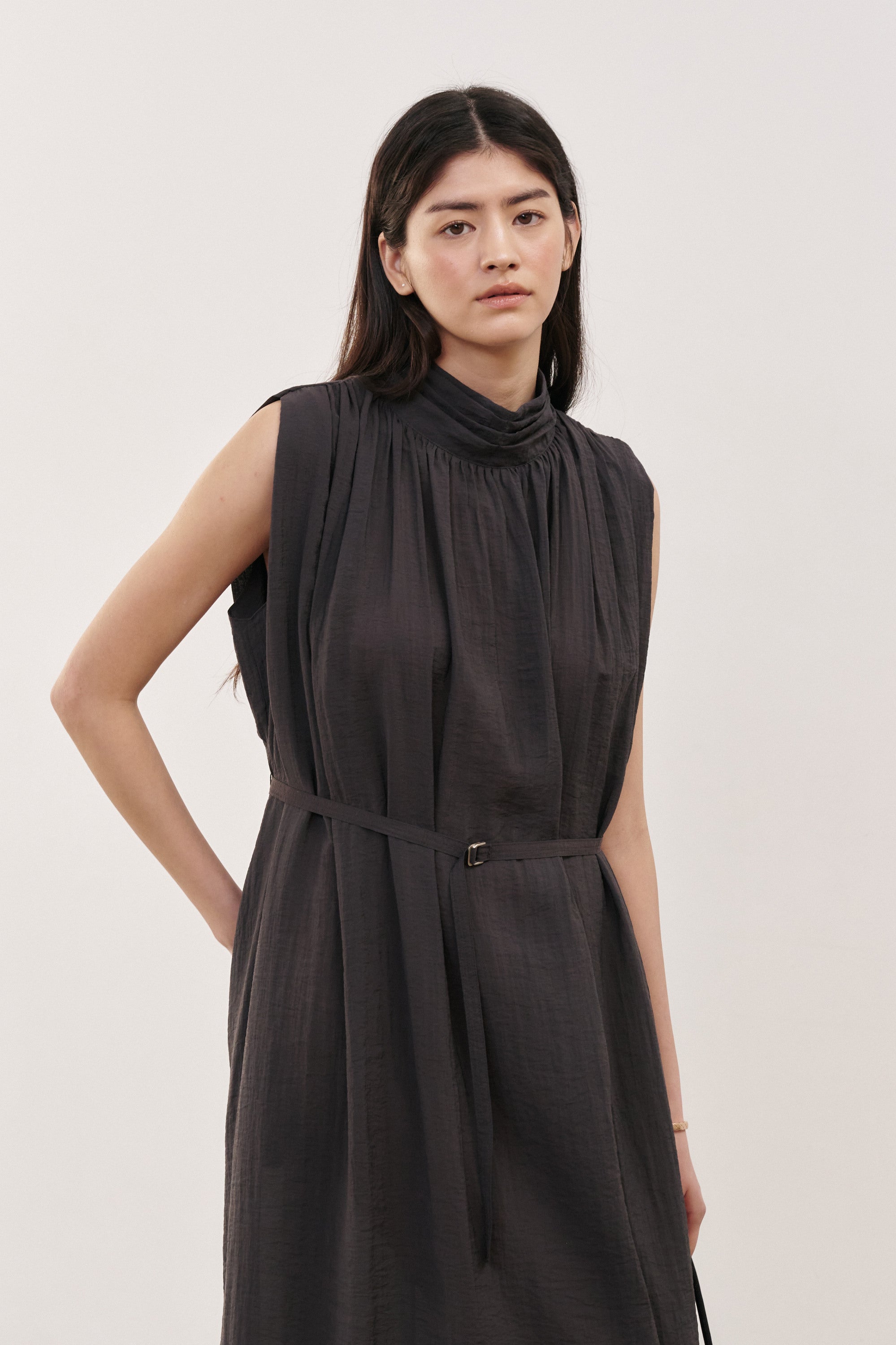 Mockneck Shirring Midi Dress