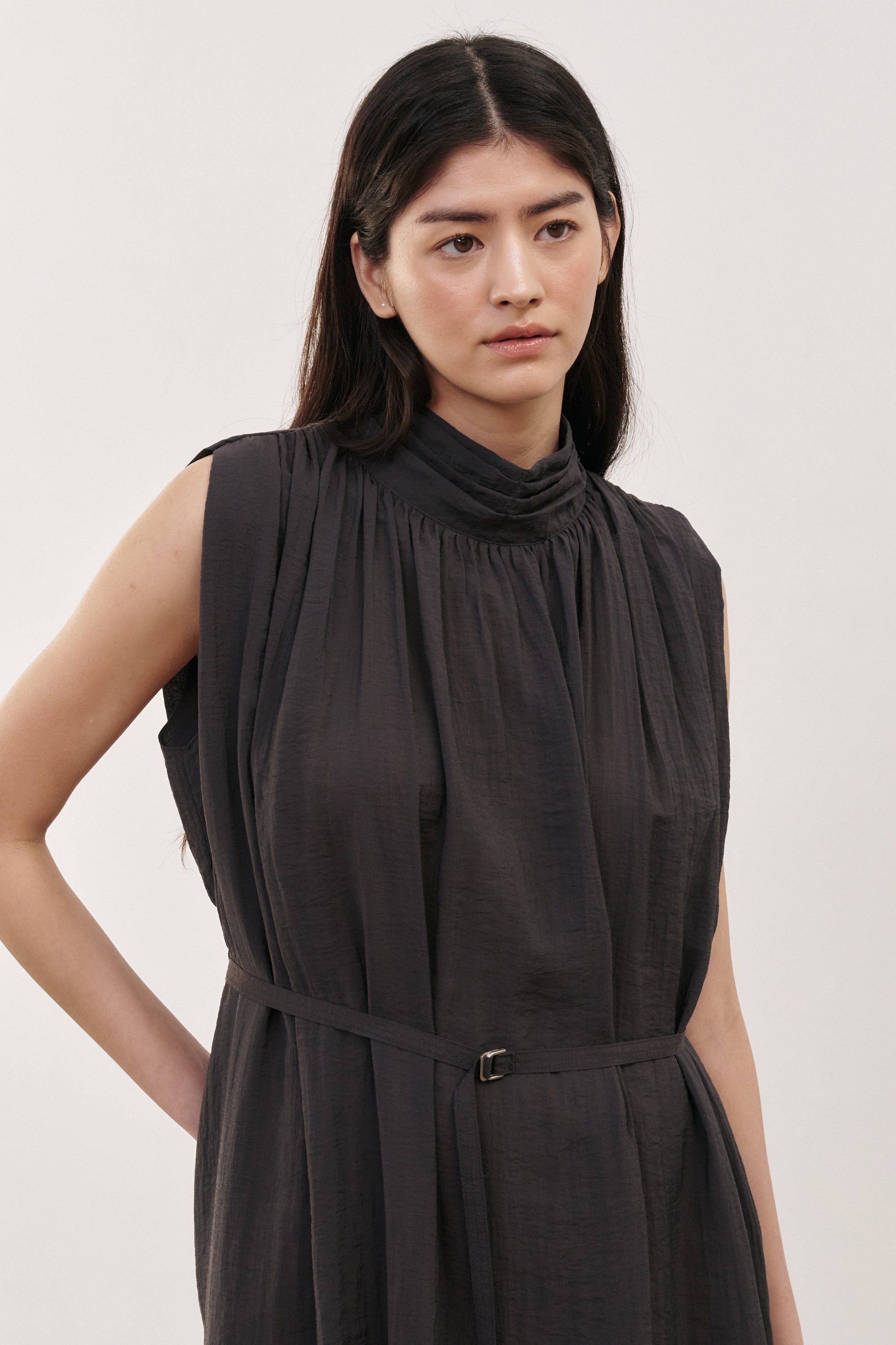 Mockneck Shirring Midi Dress