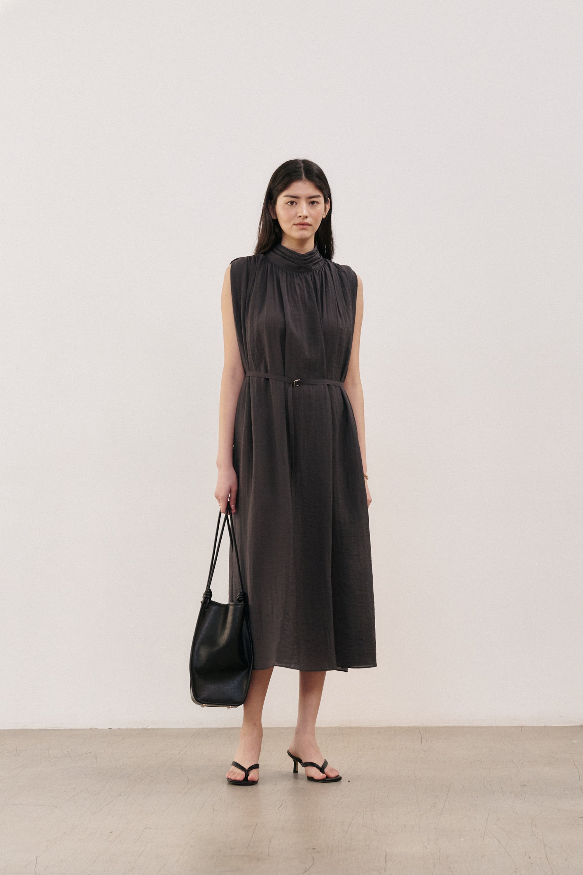Mockneck Shirring Midi Dress