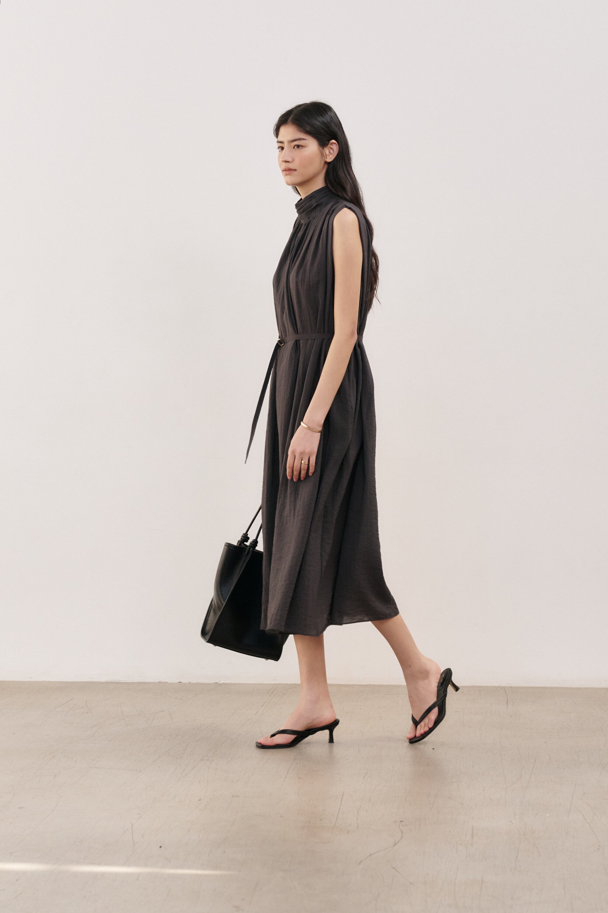 Mockneck Shirring Midi Dress