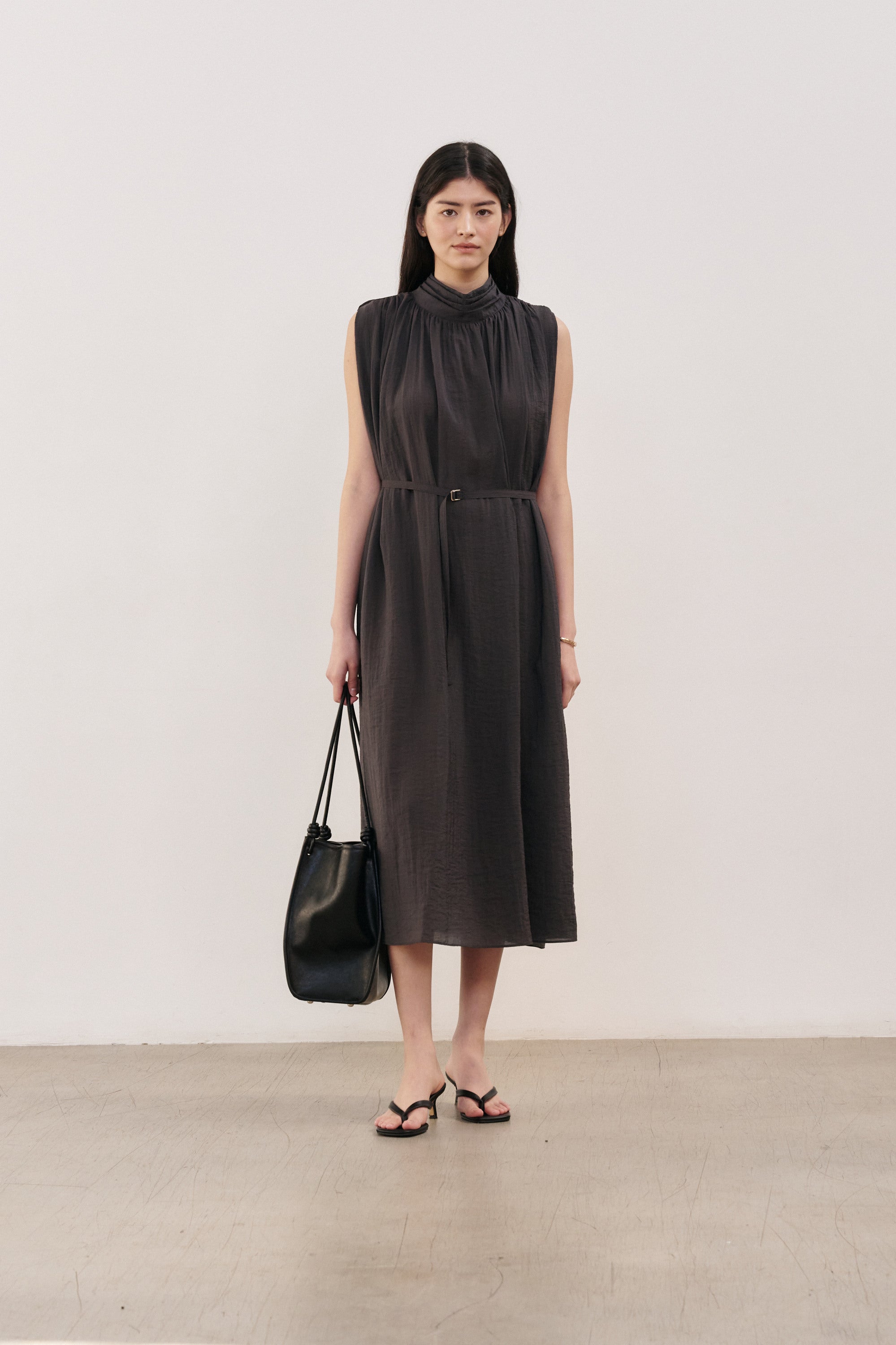 Mockneck Shirring Midi Dress