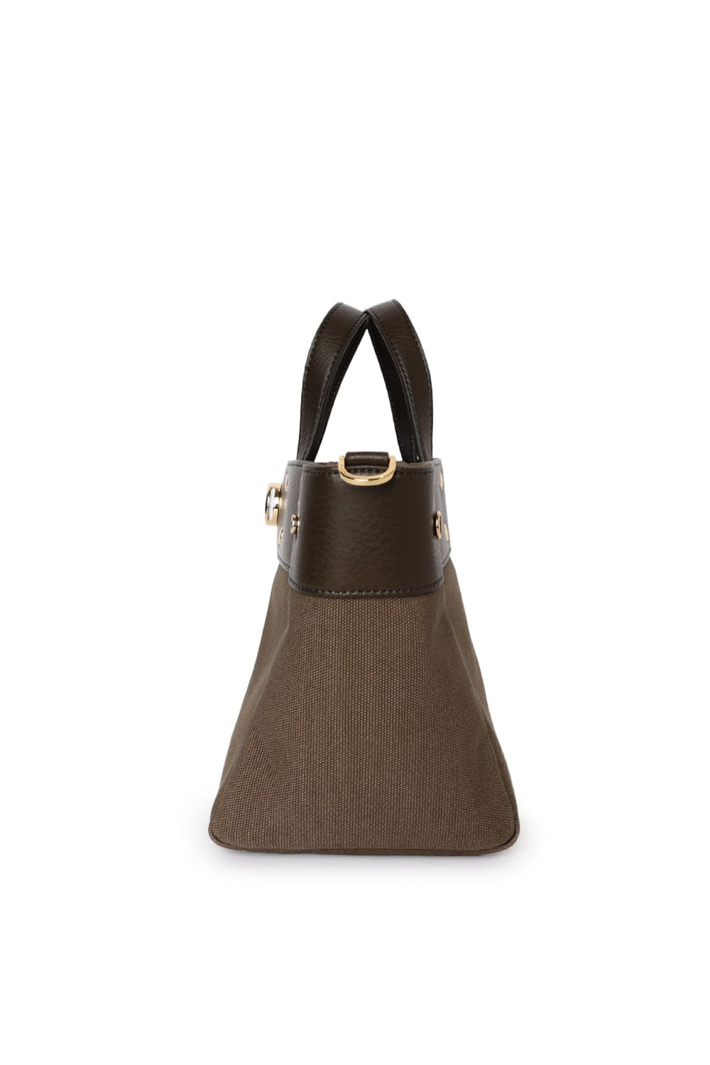 Brown two-tone small tote bag with contrasting trim and gold-tone hardware.