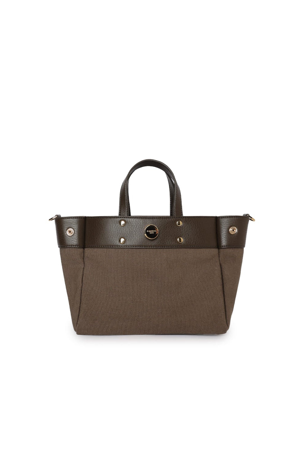 Brown two-tone small tote bag with contrasting trim and gold-tone hardware.
