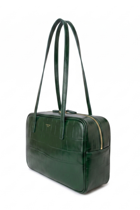 Baguette shoulder bag made from genuine cowhide leather with an embossed crocodile pattern, featuring a rectangular silhouette and a long shoulder handle.