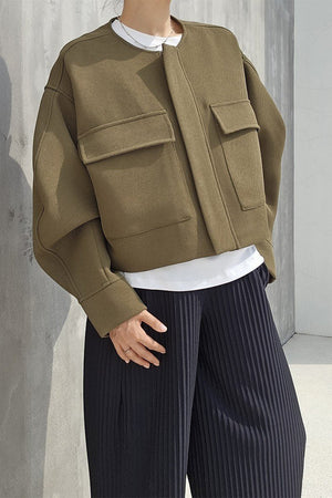 Big Front Pocket Round Neck Cropped Jacket
