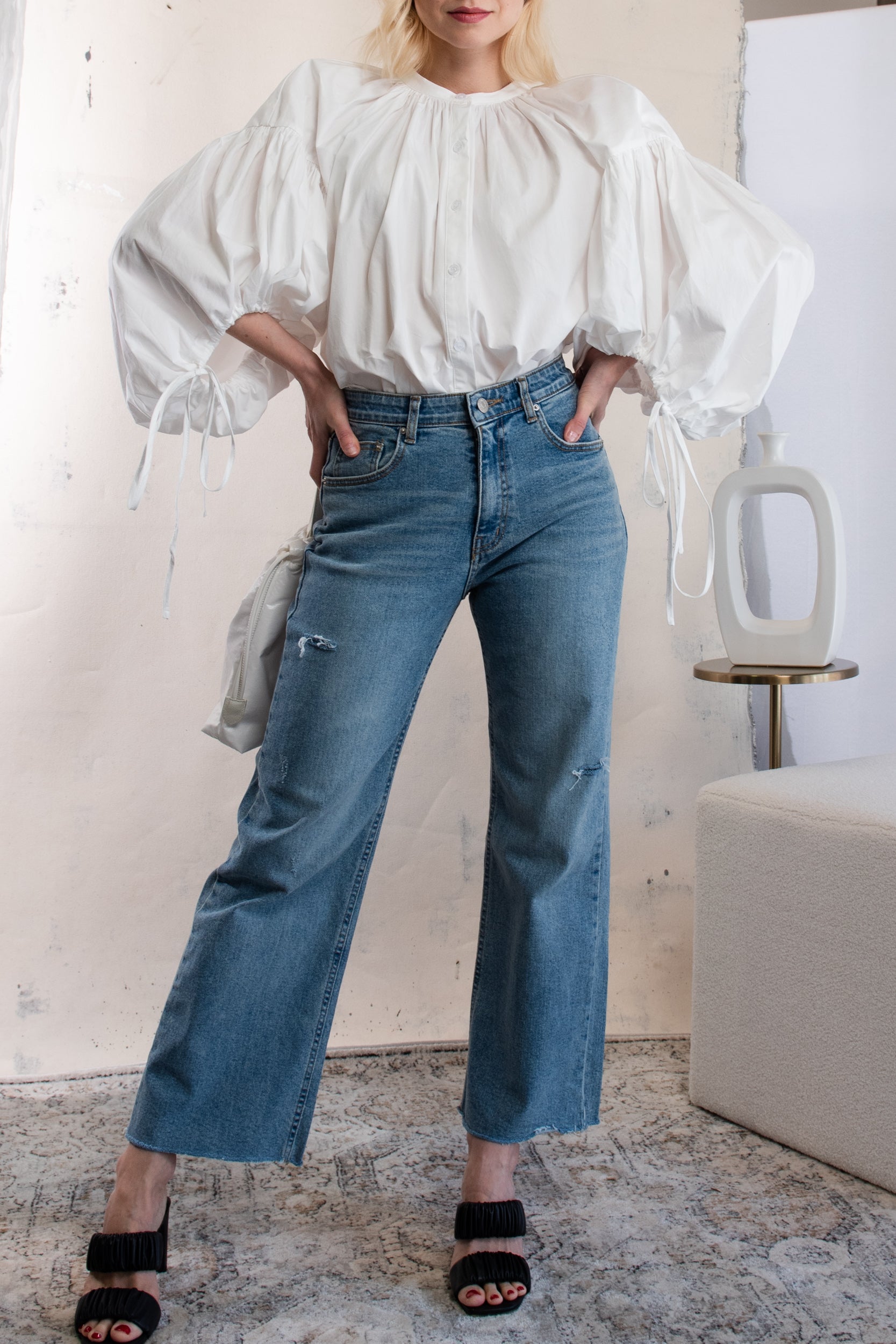 Raw Edge Ribbed Wide Leg Jeans
