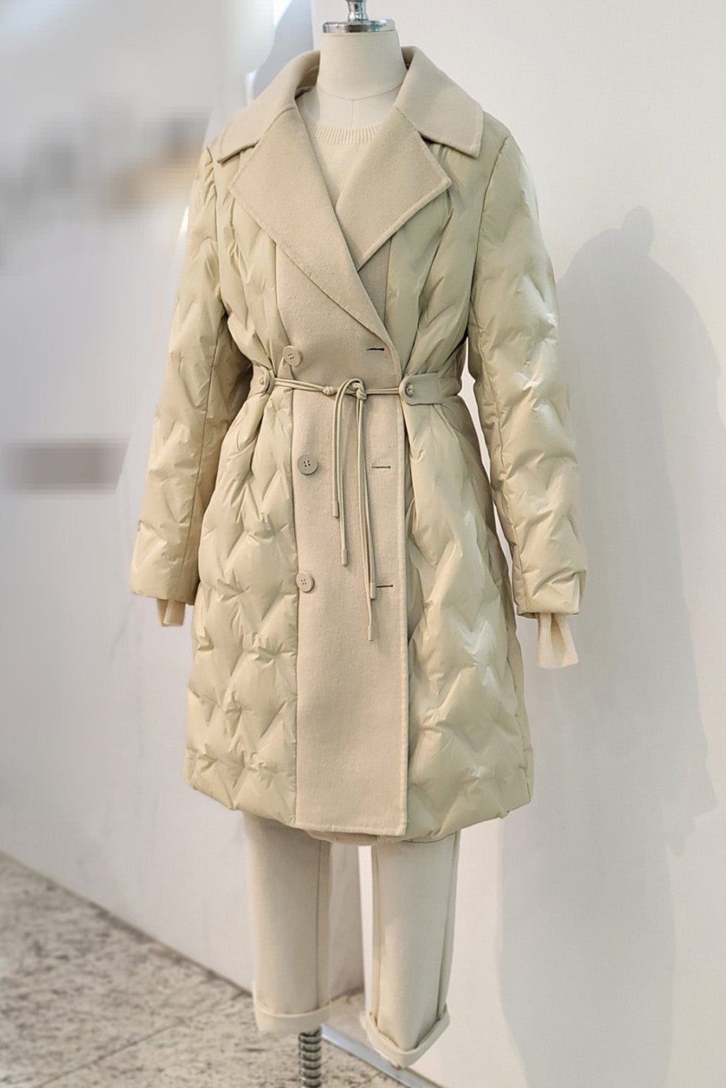 Cinched Waist Long Quilted Padded Jacket