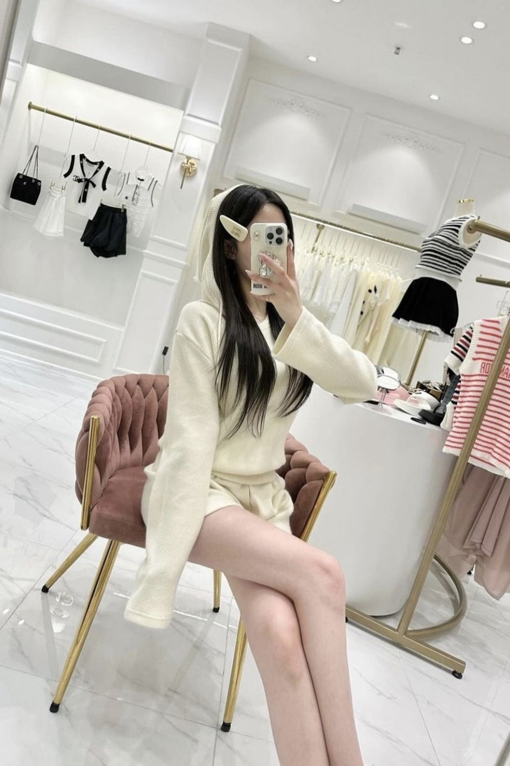 Lurex U Neck Sweater Hoodie and Short Set