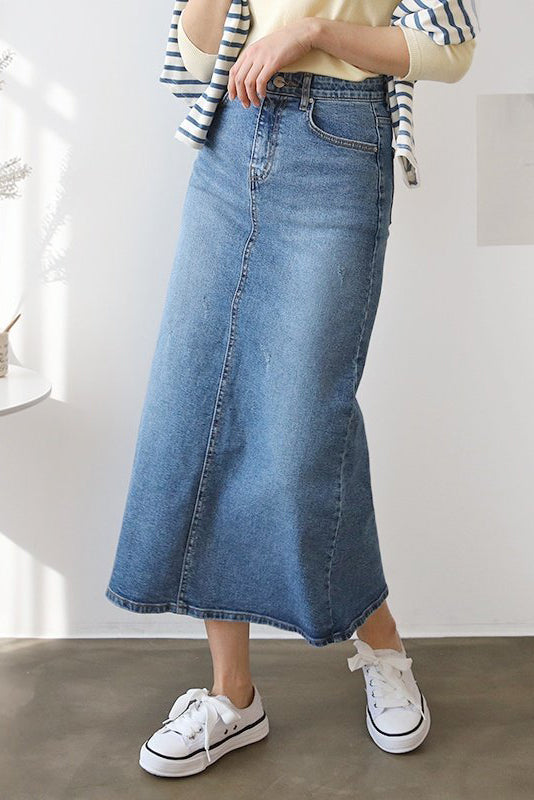 Back Slit Midi Denim Skirt