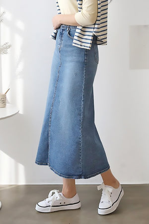 Back Slit Midi Denim Skirt