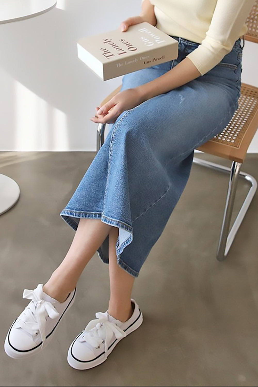 Back Slit Midi Denim Skirt