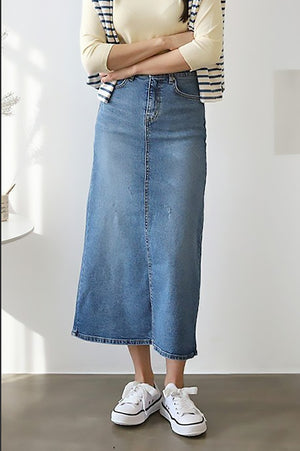 Back Slit Midi Denim Skirt