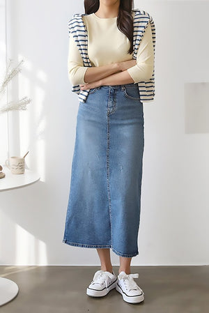 Back Slit Midi Denim Skirt