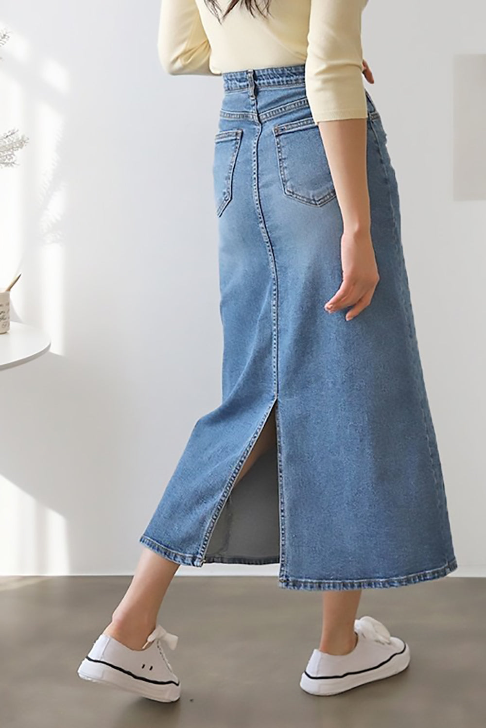 Back Slit Midi Denim Skirt