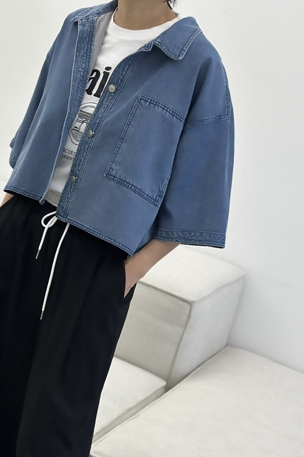 Cropped Short Sleeve Denim Jacket