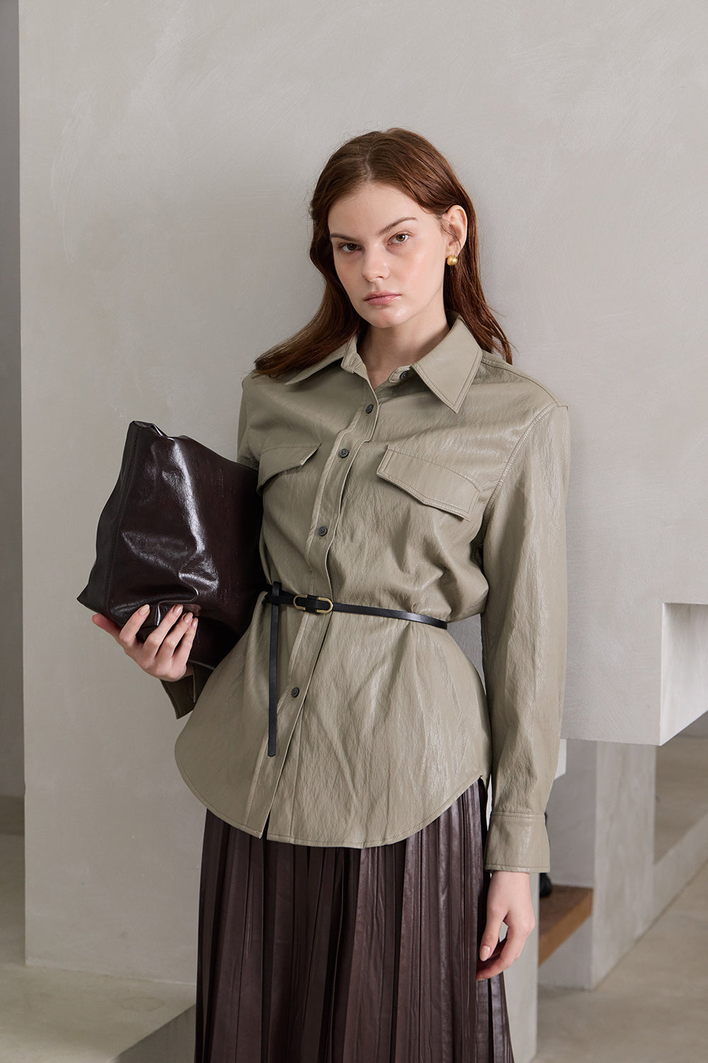 Faux Leather Button-Up Shirt