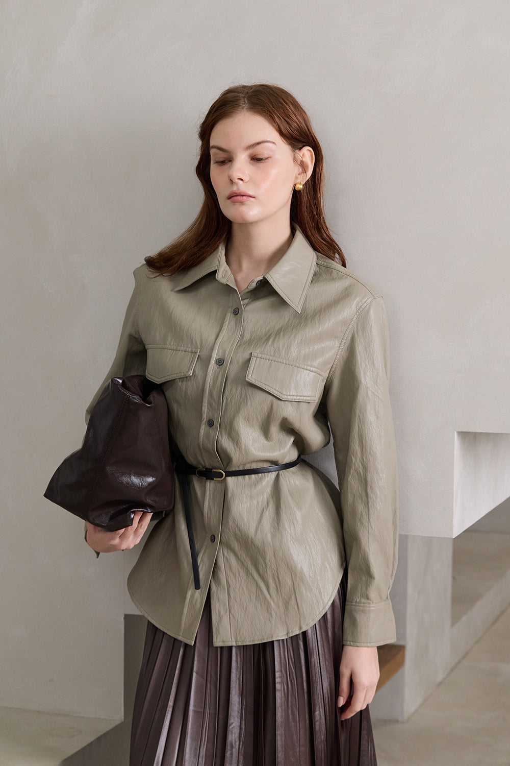 Faux Leather Button-Up Shirt