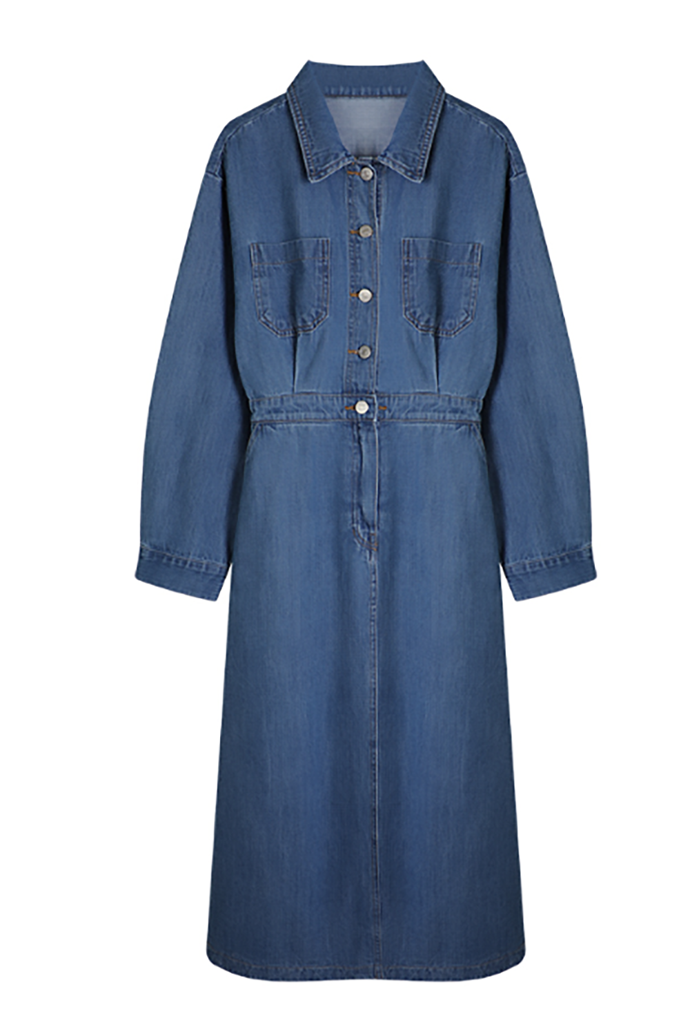 Front Button Shirt Denim Midi Dress