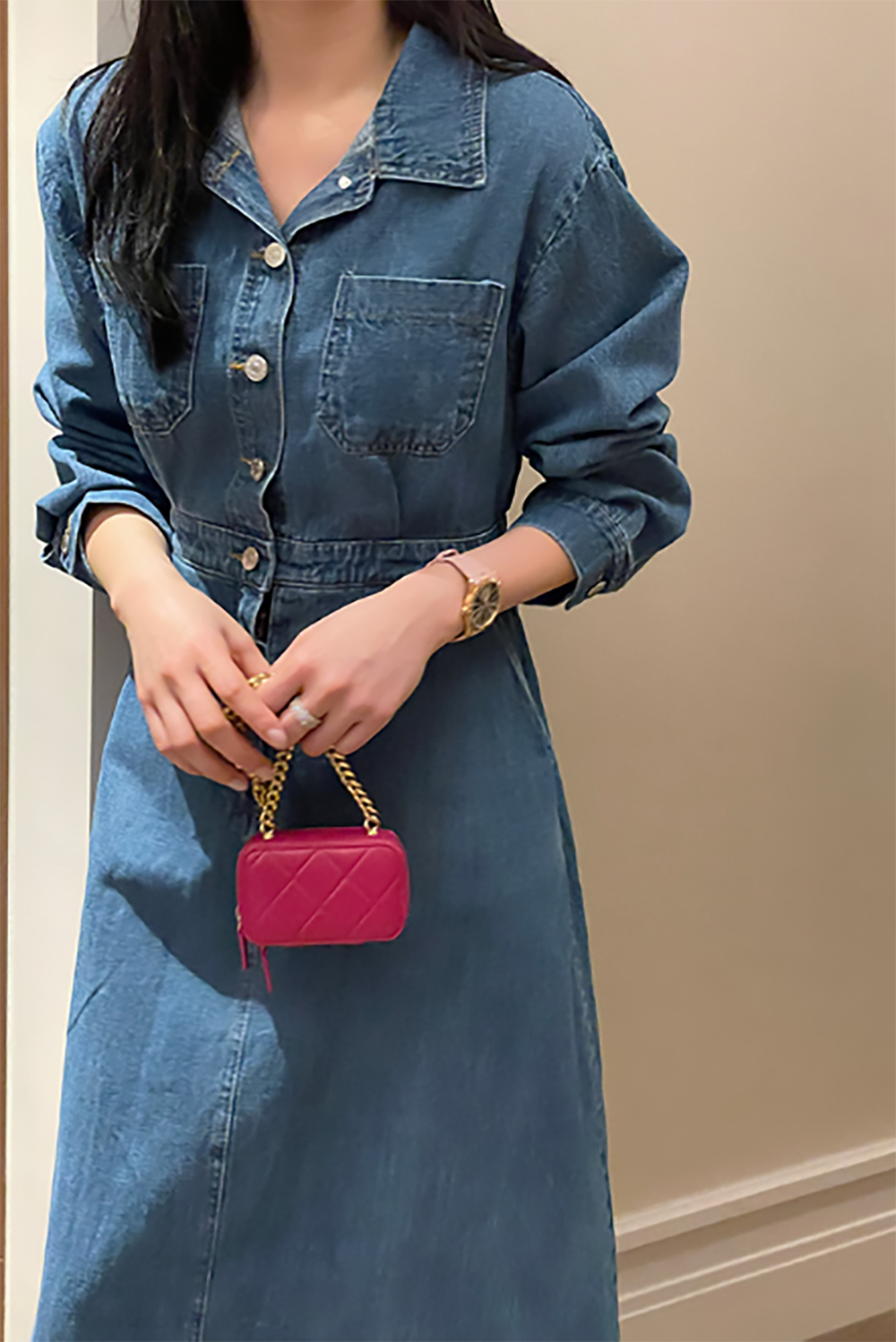 Front Button Shirt Denim Midi Dress