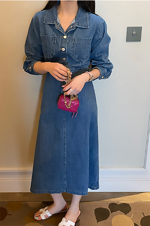 Front Button Shirt Denim Midi Dress