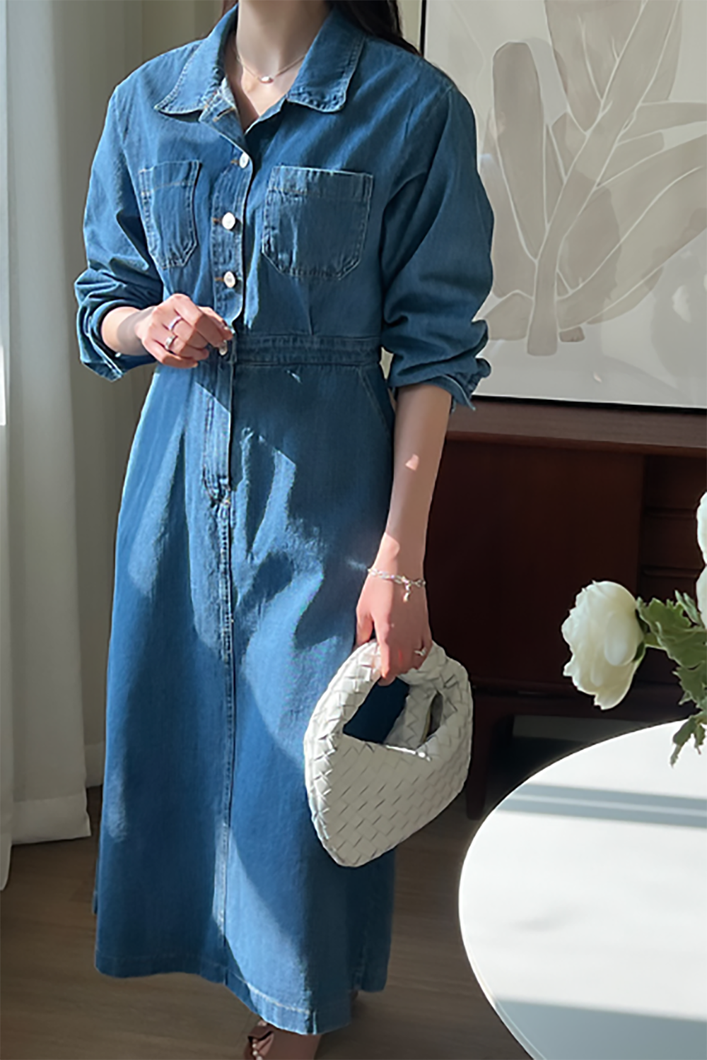 Front Button Shirt Denim Midi Dress